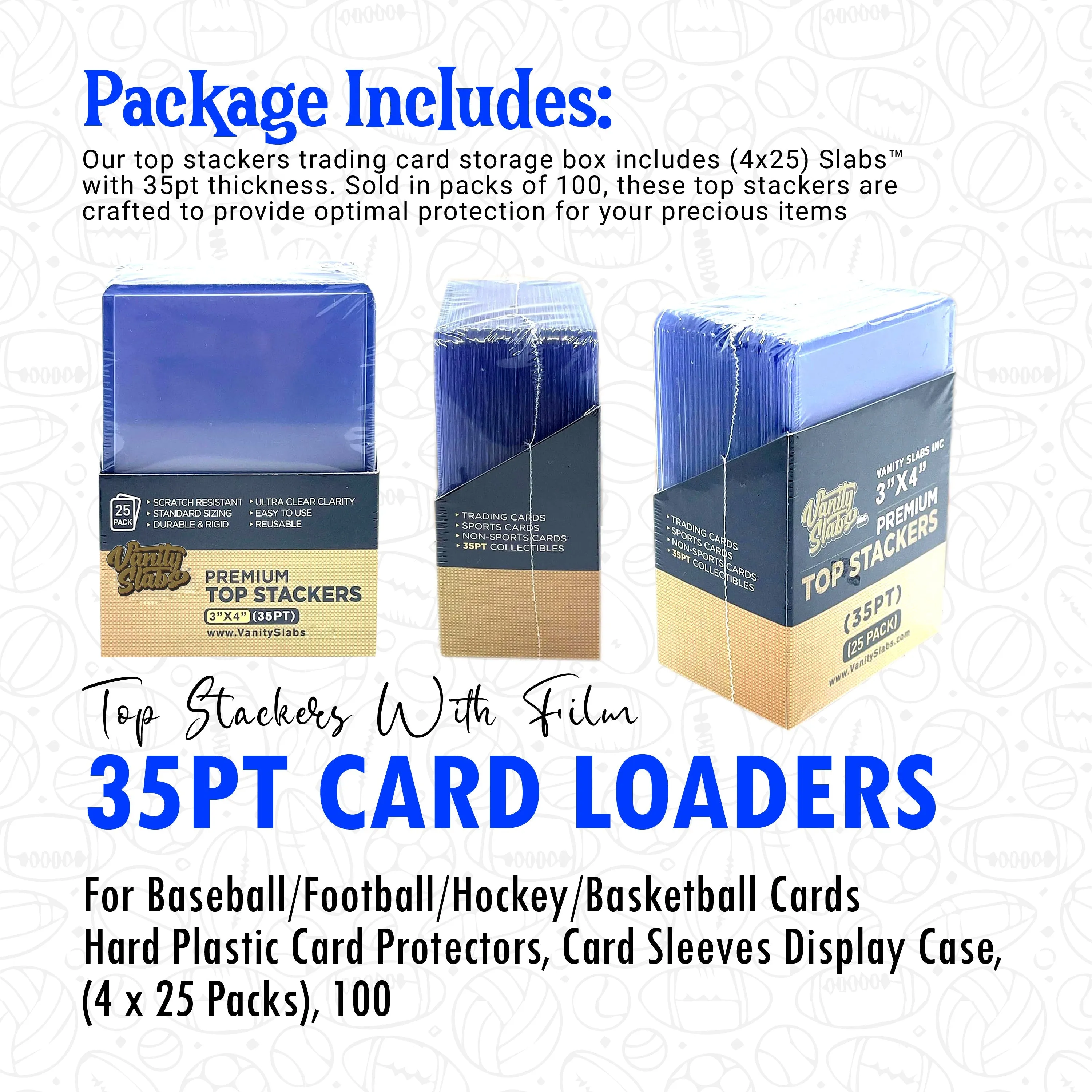100 Vanity Slabs Premium Top Stackers w/ Film 35pt Card Loaders
