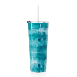 24 Oz Insulated Tumbler with Straw, Blue Tie Dye