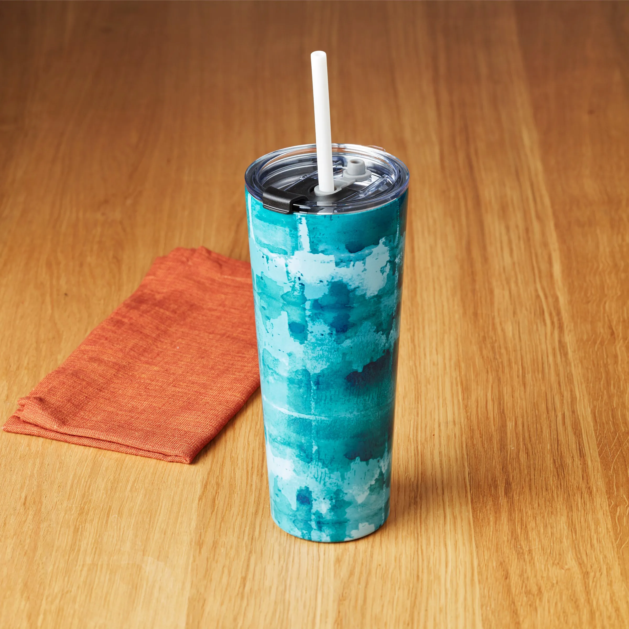24 Oz Insulated Tumbler with Straw, Blue Tie Dye