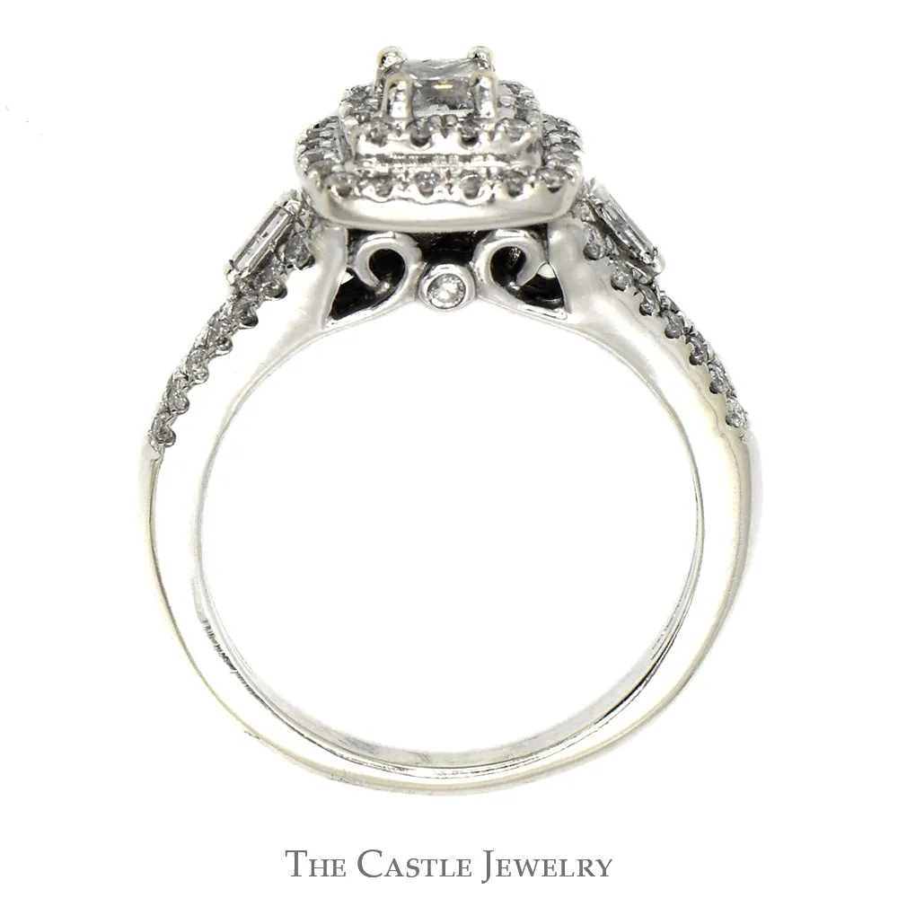 3/4cttw Princess Cut Diamond Engagement Ring with Double Diamond Halo and Accents in 14k White Gold