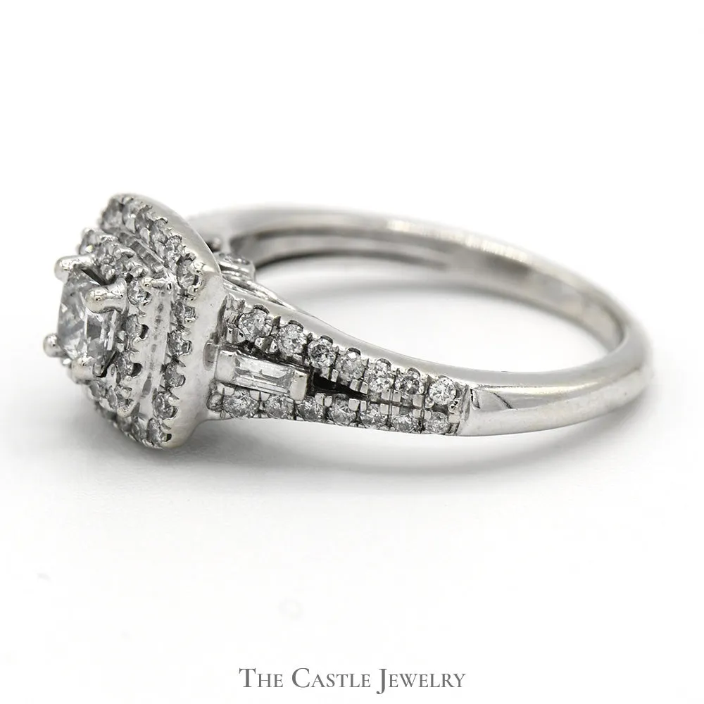 3/4cttw Princess Cut Diamond Engagement Ring with Double Diamond Halo and Accents in 14k White Gold