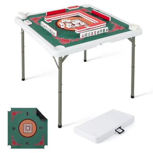 35 Inch 4 Player Game Card Folding Mahjong Table with Cup Holders-Green - Color: