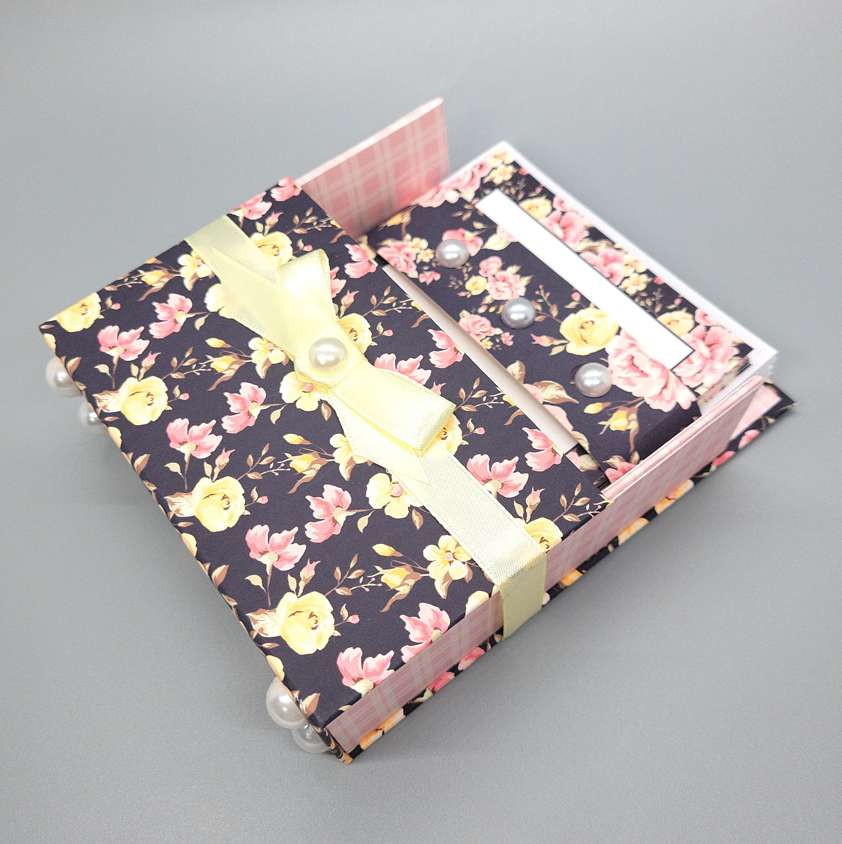 42-Pc Stationery Gift Box Set w/Reusable Desktop Organizer Box and Gold Pen - Black, Pink & Yellow Roses