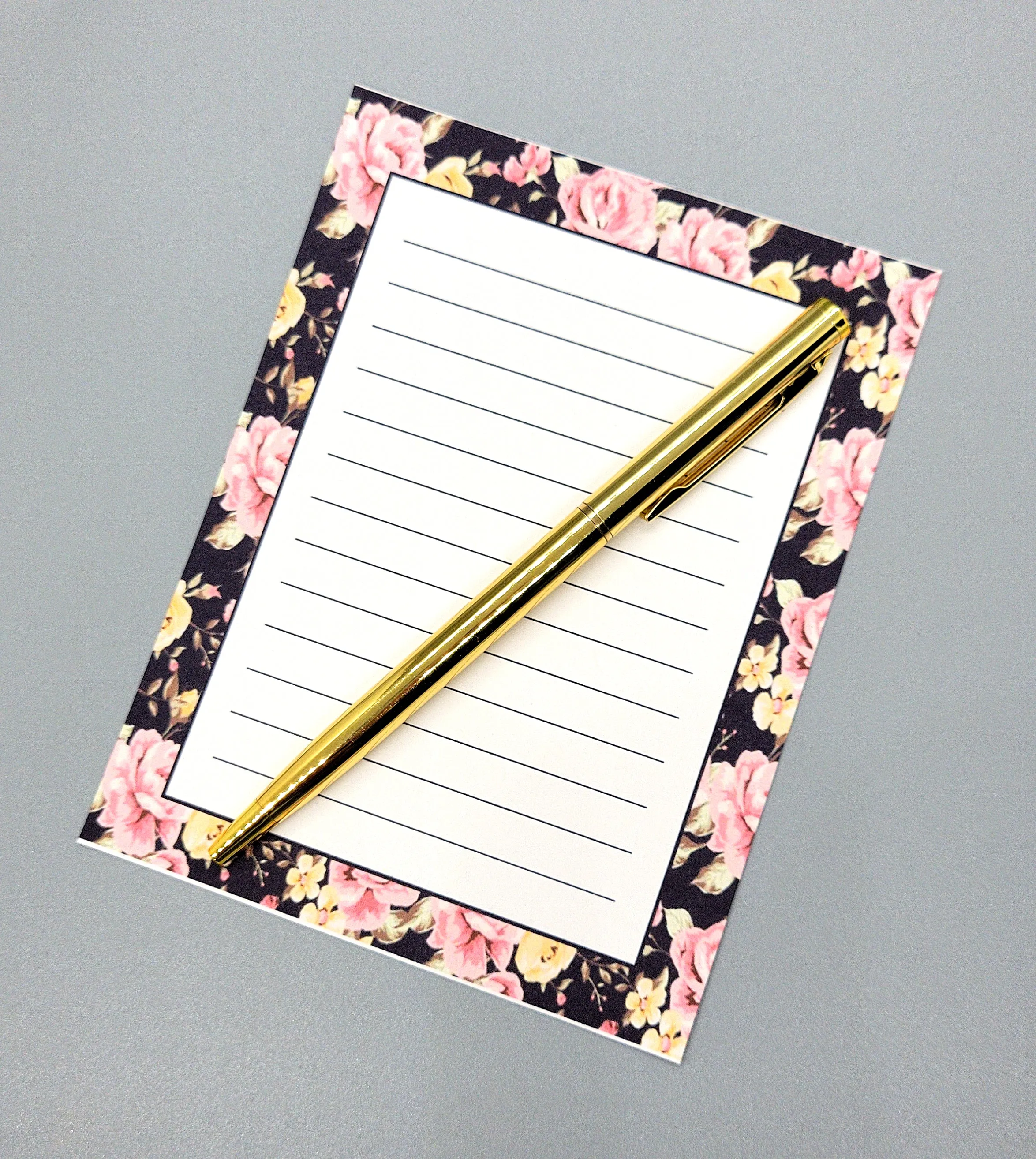 42-Pc Stationery Gift Box Set w/Reusable Desktop Organizer Box and Gold Pen - Black, Pink & Yellow Roses