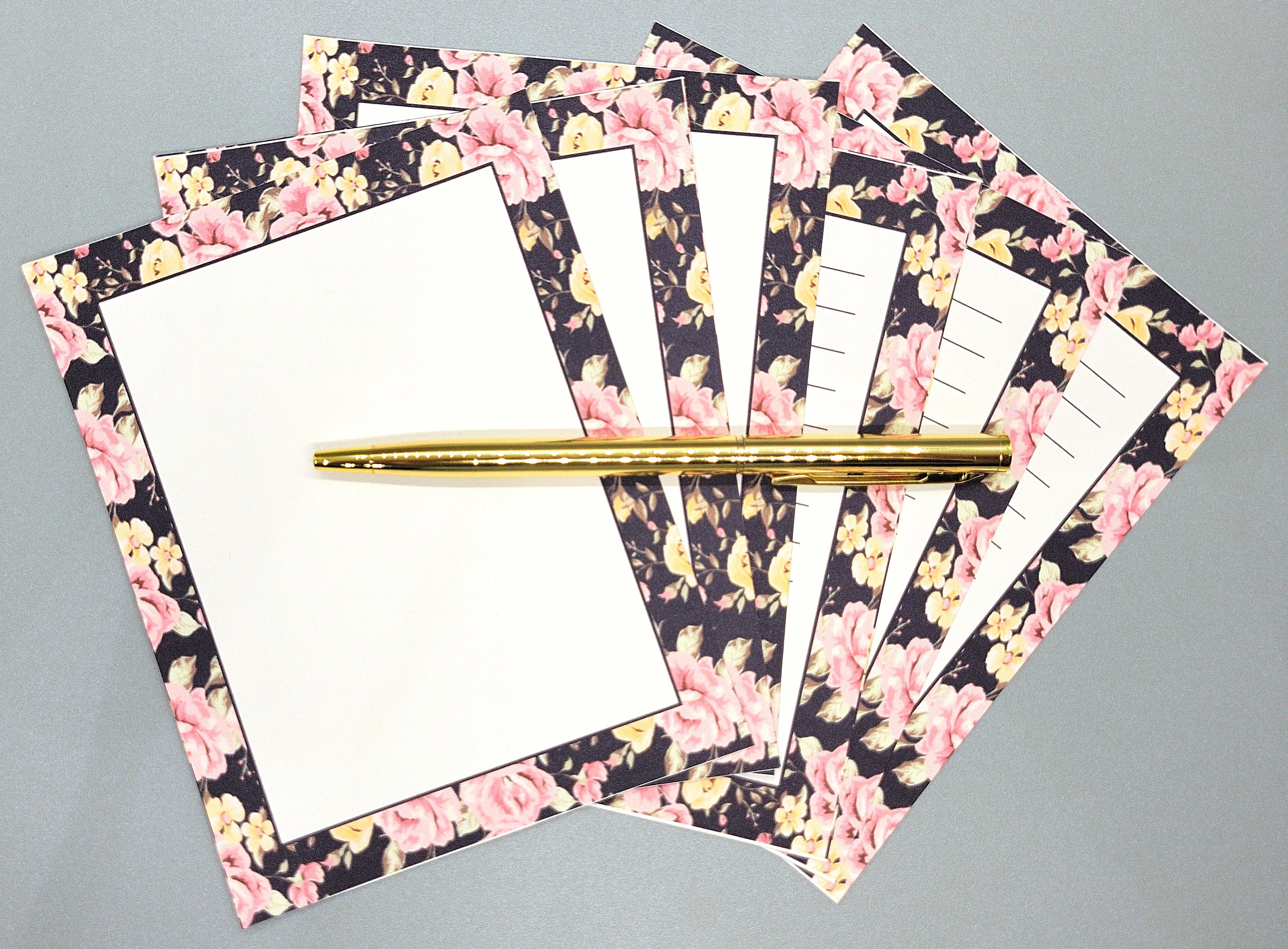 42-Pc Stationery Gift Box Set w/Reusable Desktop Organizer Box and Gold Pen - Black, Pink & Yellow Roses