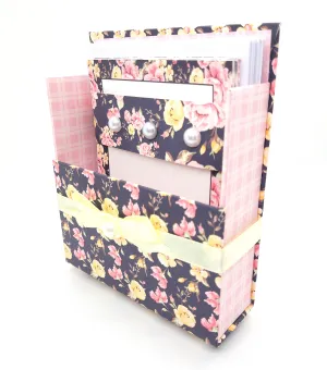 42-Pc Stationery Gift Box Set w/Reusable Desktop Organizer Box and Gold Pen - Black, Pink & Yellow Roses