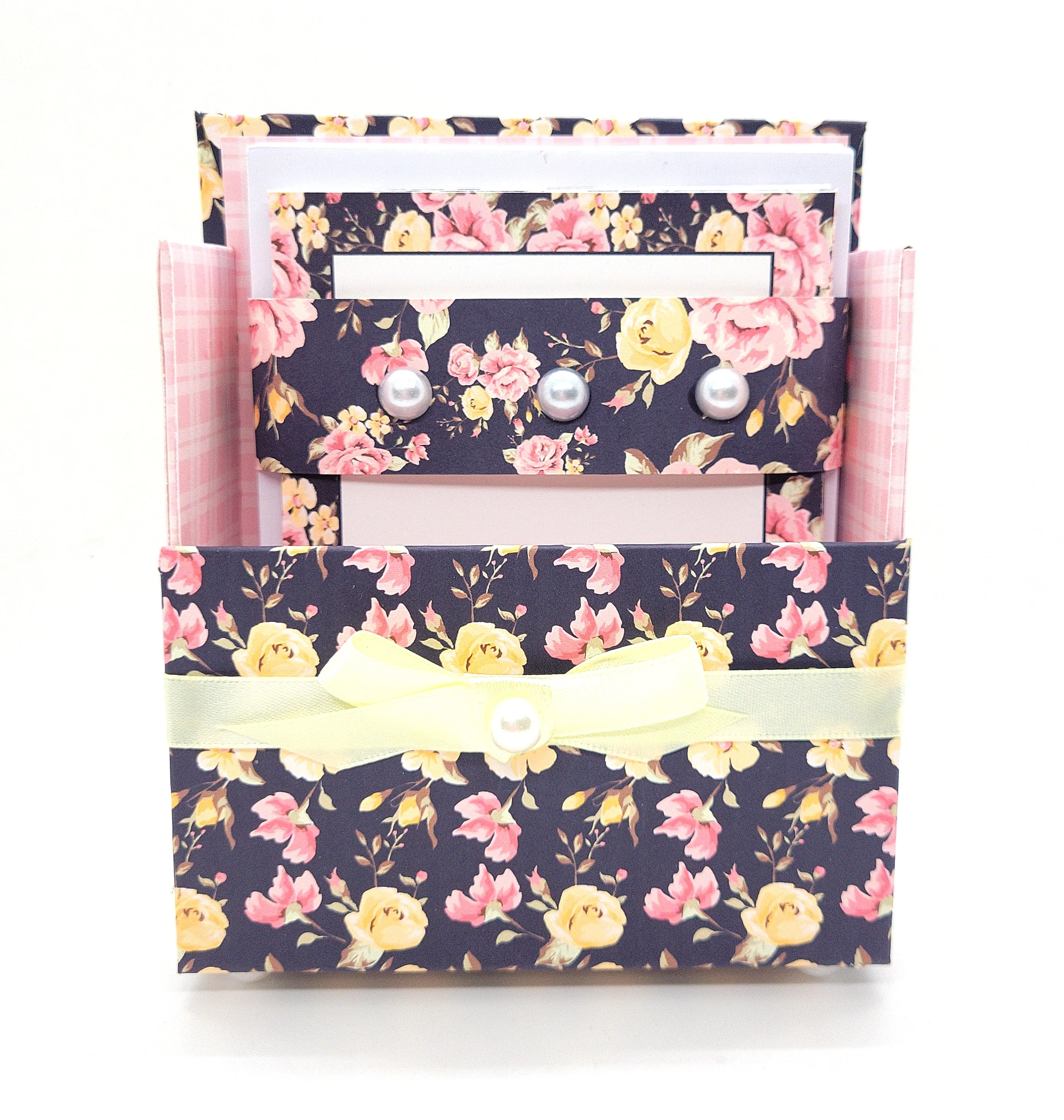 42-Pc Stationery Gift Box Set w/Reusable Desktop Organizer Box and Gold Pen - Black, Pink & Yellow Roses