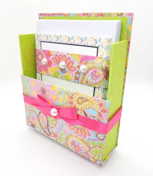 42-Pc Stationery Gift Box Set w/Reusable Desktop Organizer Box and Gold Pen - Pink, Orange & Yellow Paisley