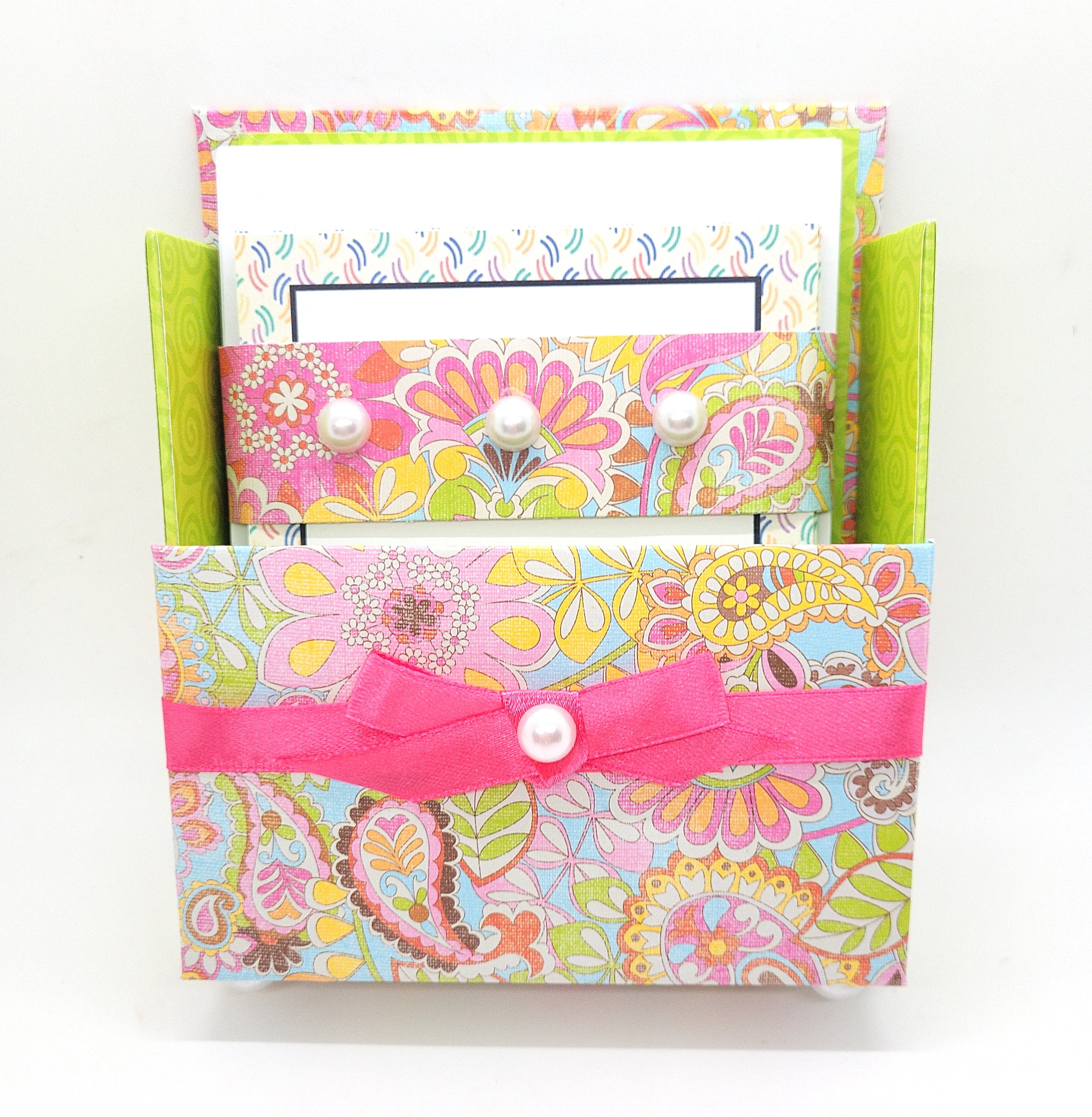 42-Pc Stationery Gift Box Set w/Reusable Desktop Organizer Box and Gold Pen - Pink, Orange & Yellow Paisley