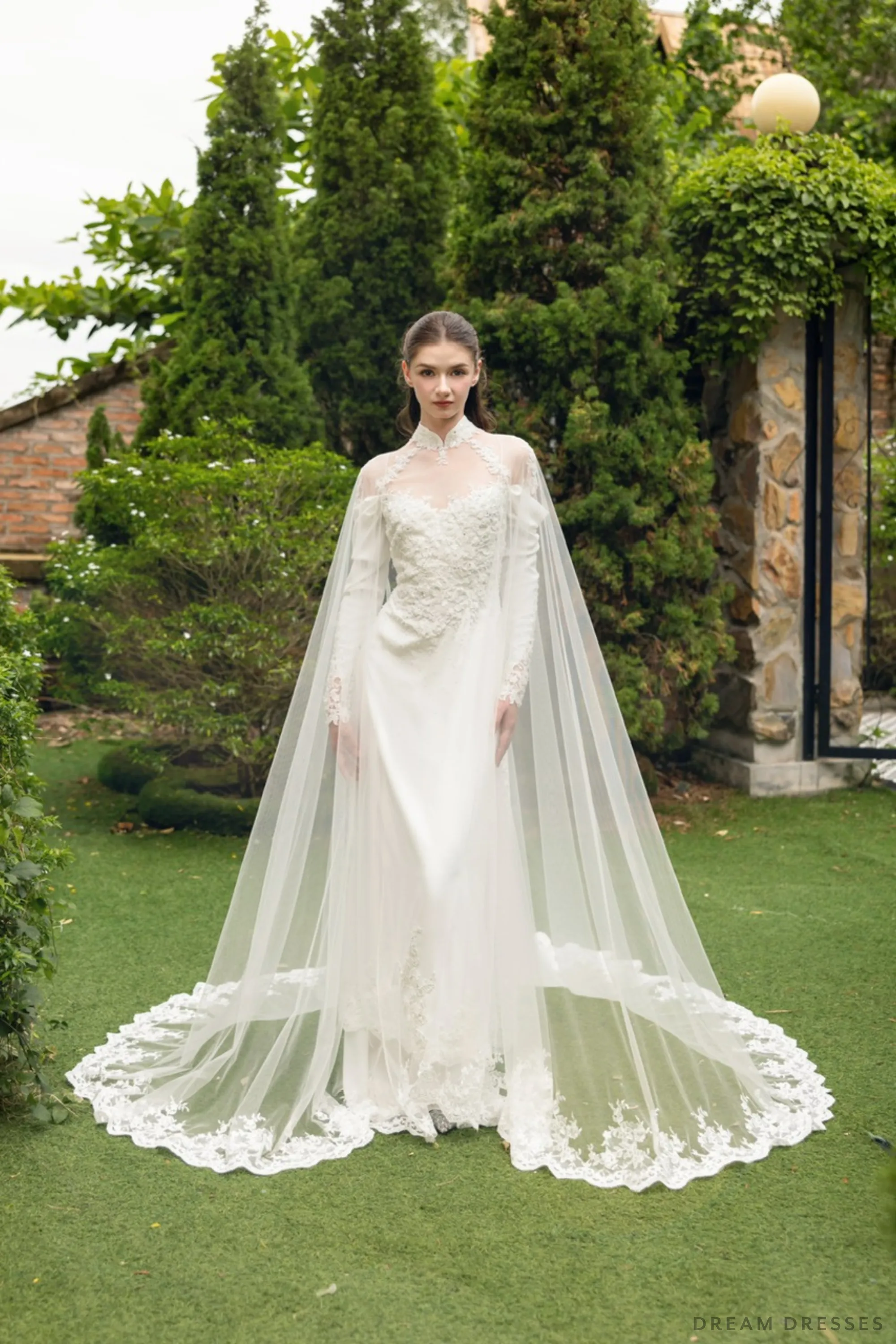 Ao Dai Detachable Tulle Cape with Lace Trim Edges (#EUGENIA)
