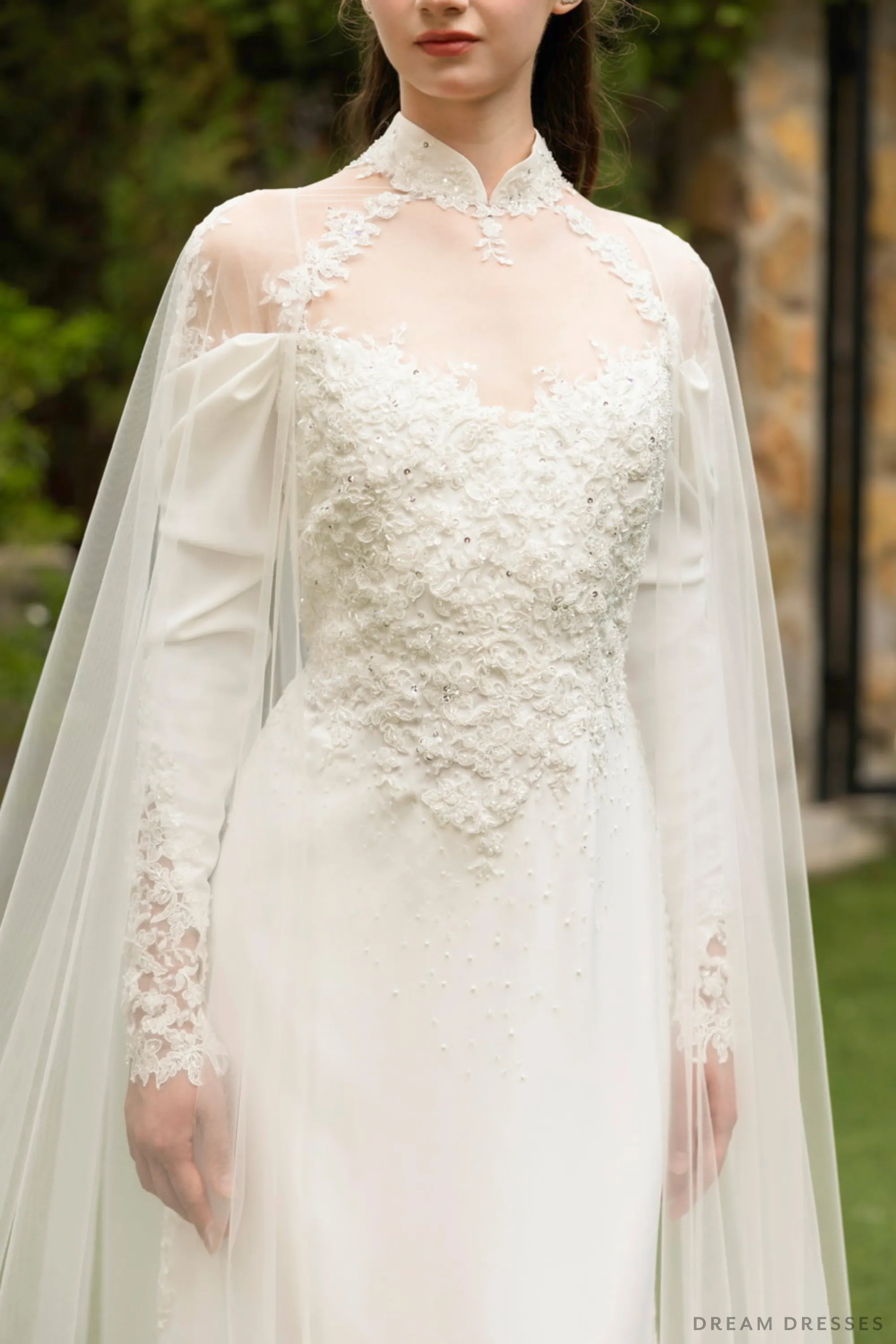 Ao Dai Detachable Tulle Cape with Lace Trim Edges (#EUGENIA)