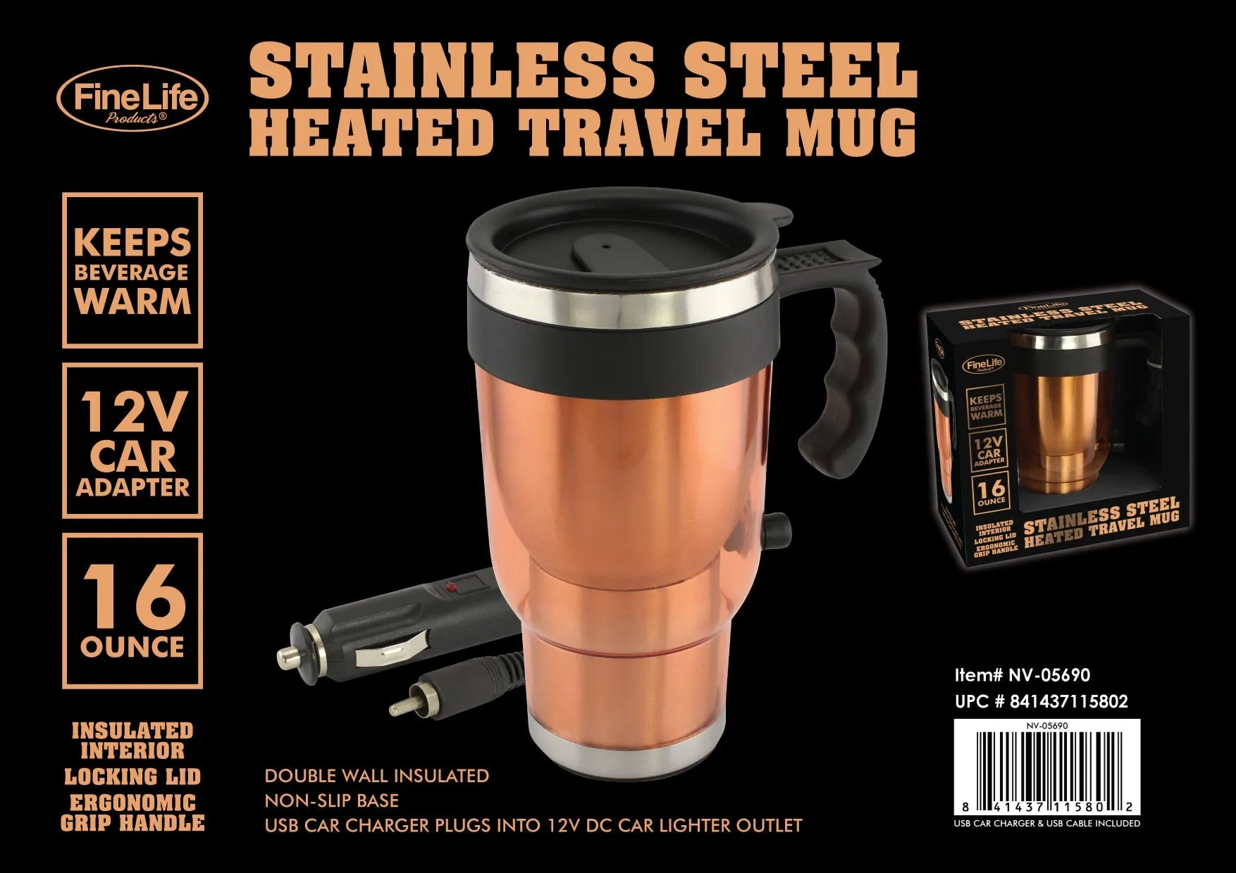 Awesome Stainless Steel Heated Travel Mug with 12V Car Adaptor! 16 Ounce!