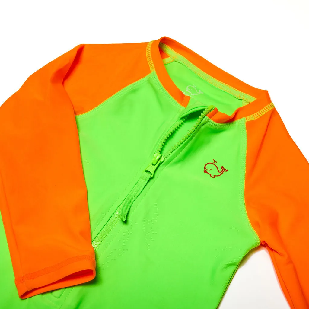 Baby/Toddler Long Sleeve One Piece Swimsuit UPF 50  | Neon Green and Orange