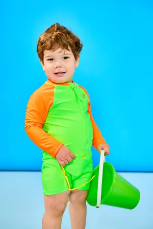 Baby/Toddler Long Sleeve One Piece Swimsuit UPF 50  | Neon Green and Orange