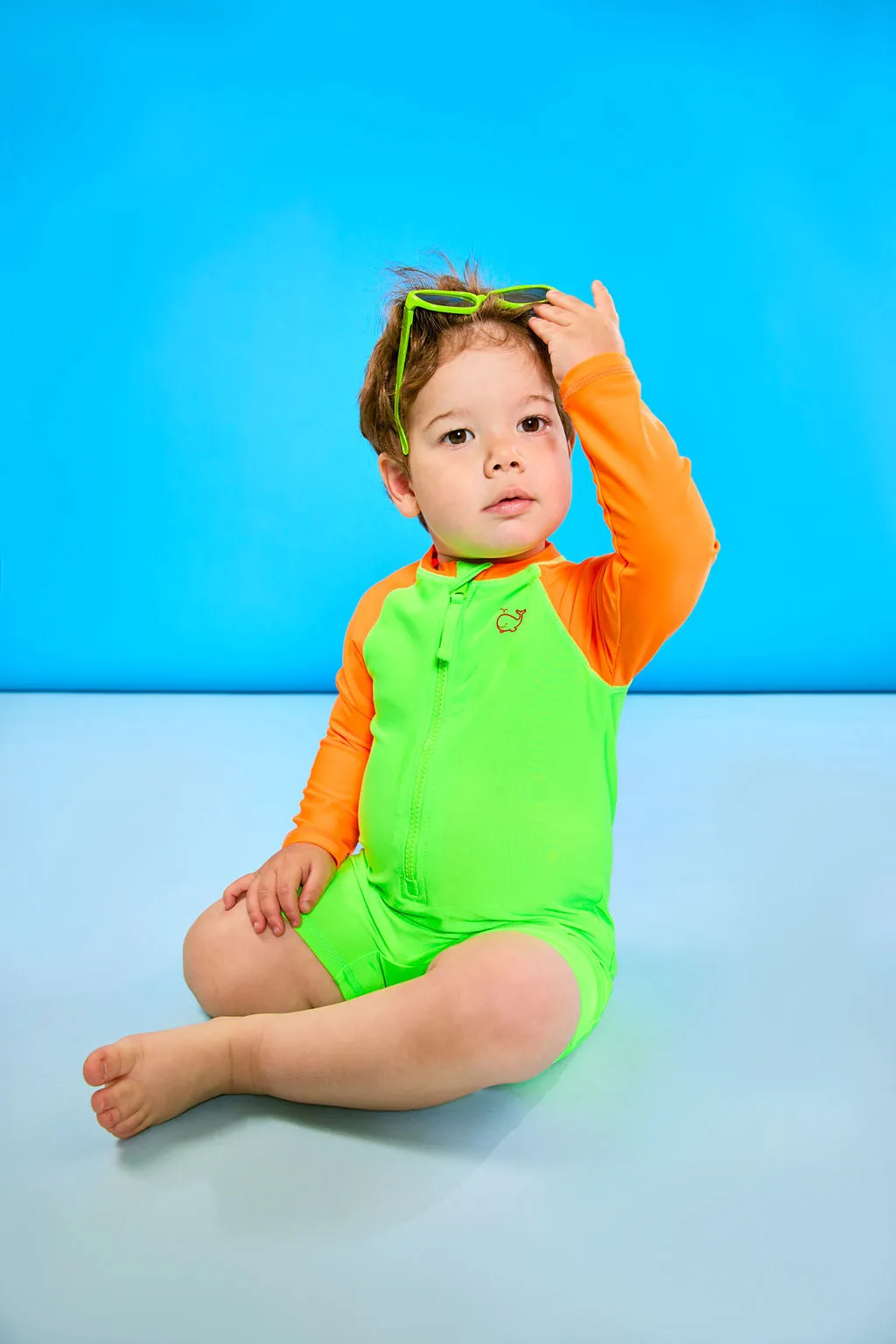 Baby/Toddler Long Sleeve One Piece Swimsuit UPF 50  | Neon Green and Orange