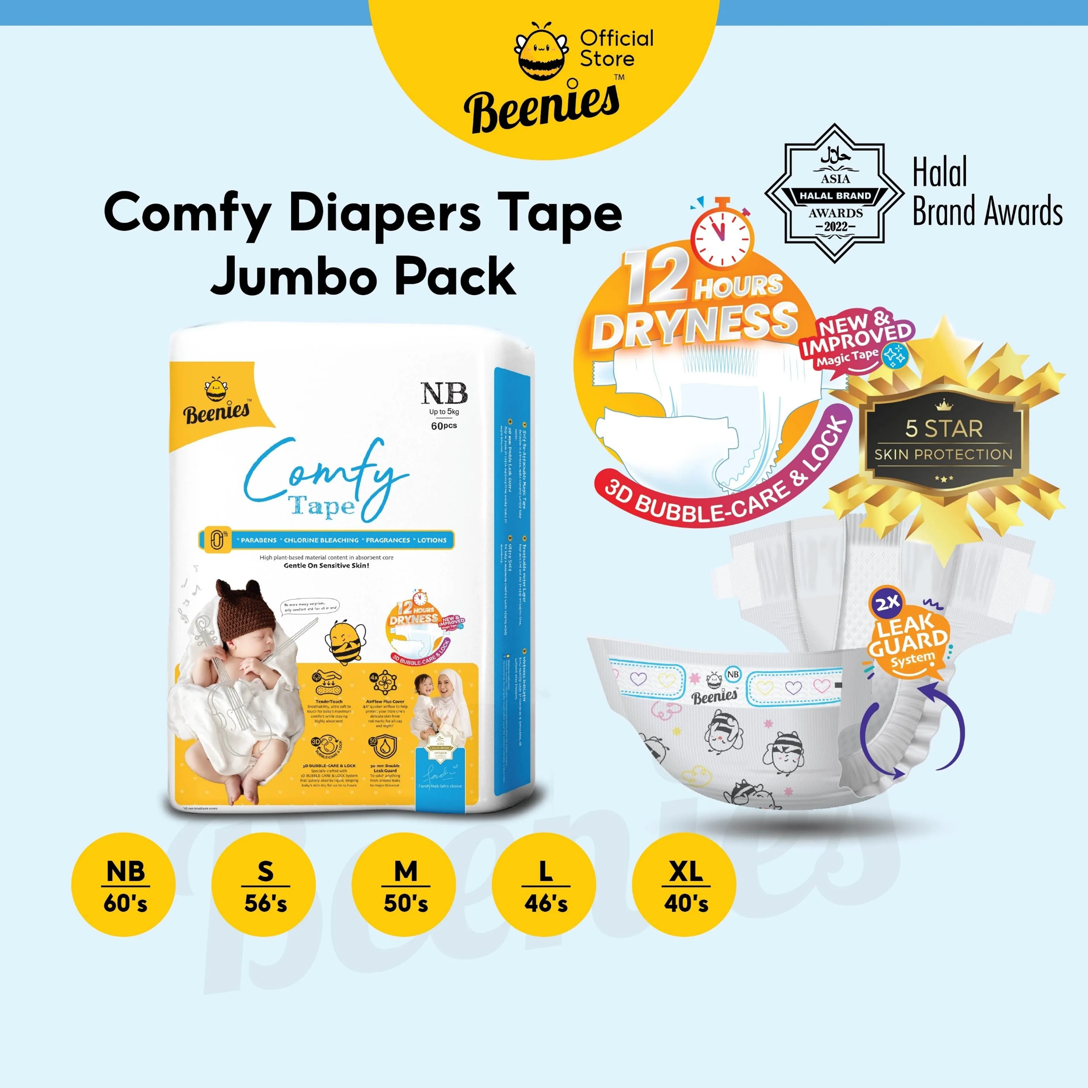 Beenies Baby Comfy Tape Diapers Size M 50's (5-10kg) [Jumbo Pack] [6 Packs/Carton]