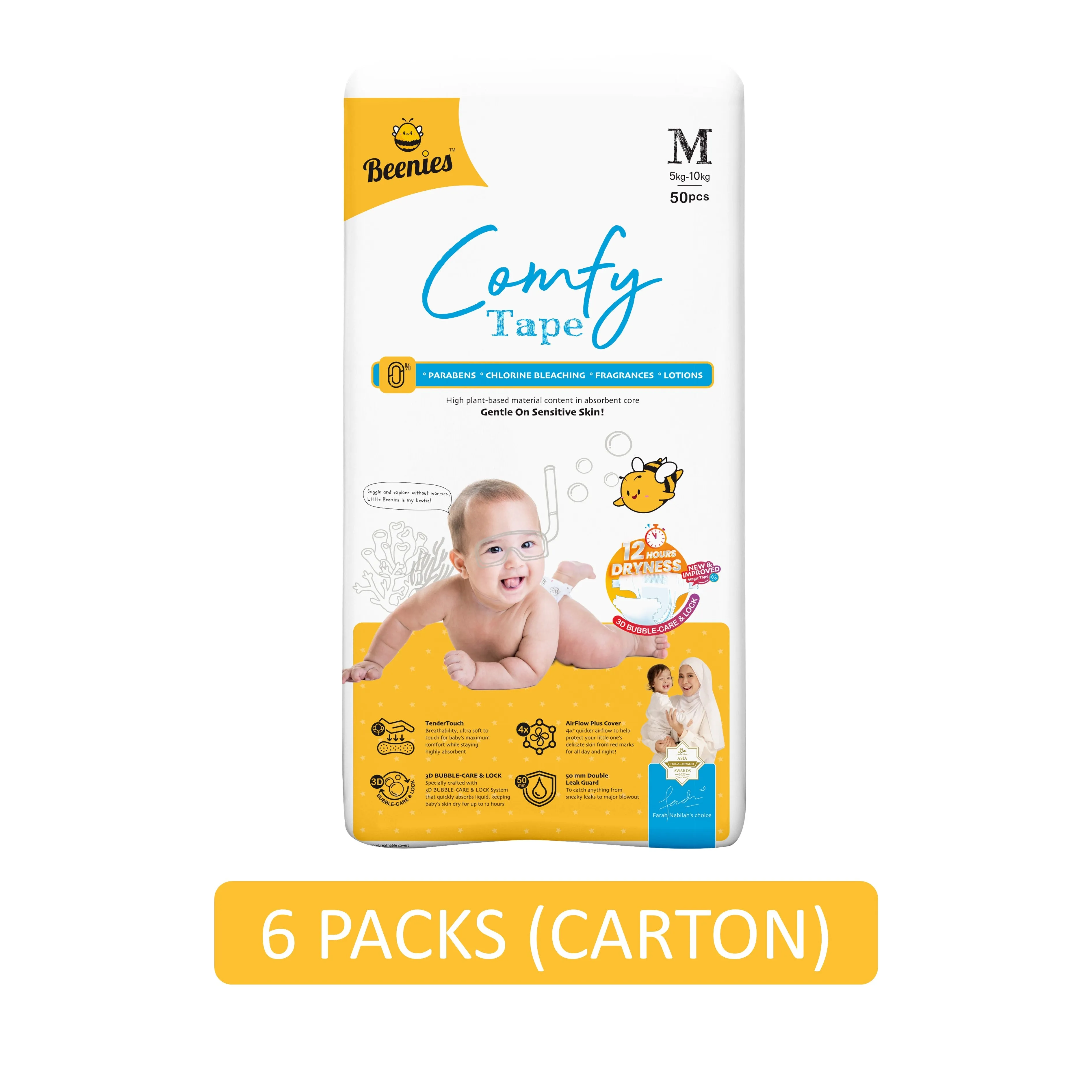 Beenies Baby Comfy Tape Diapers Size M 50's (5-10kg) [Jumbo Pack] [6 Packs/Carton]