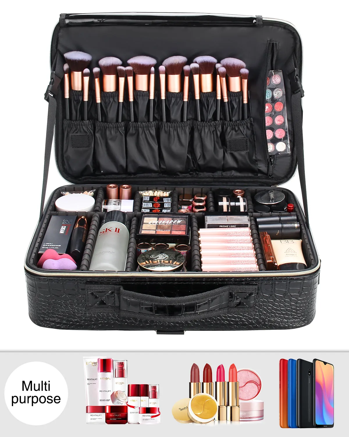 Black Large Crocodile Skin Texture Makeup Case