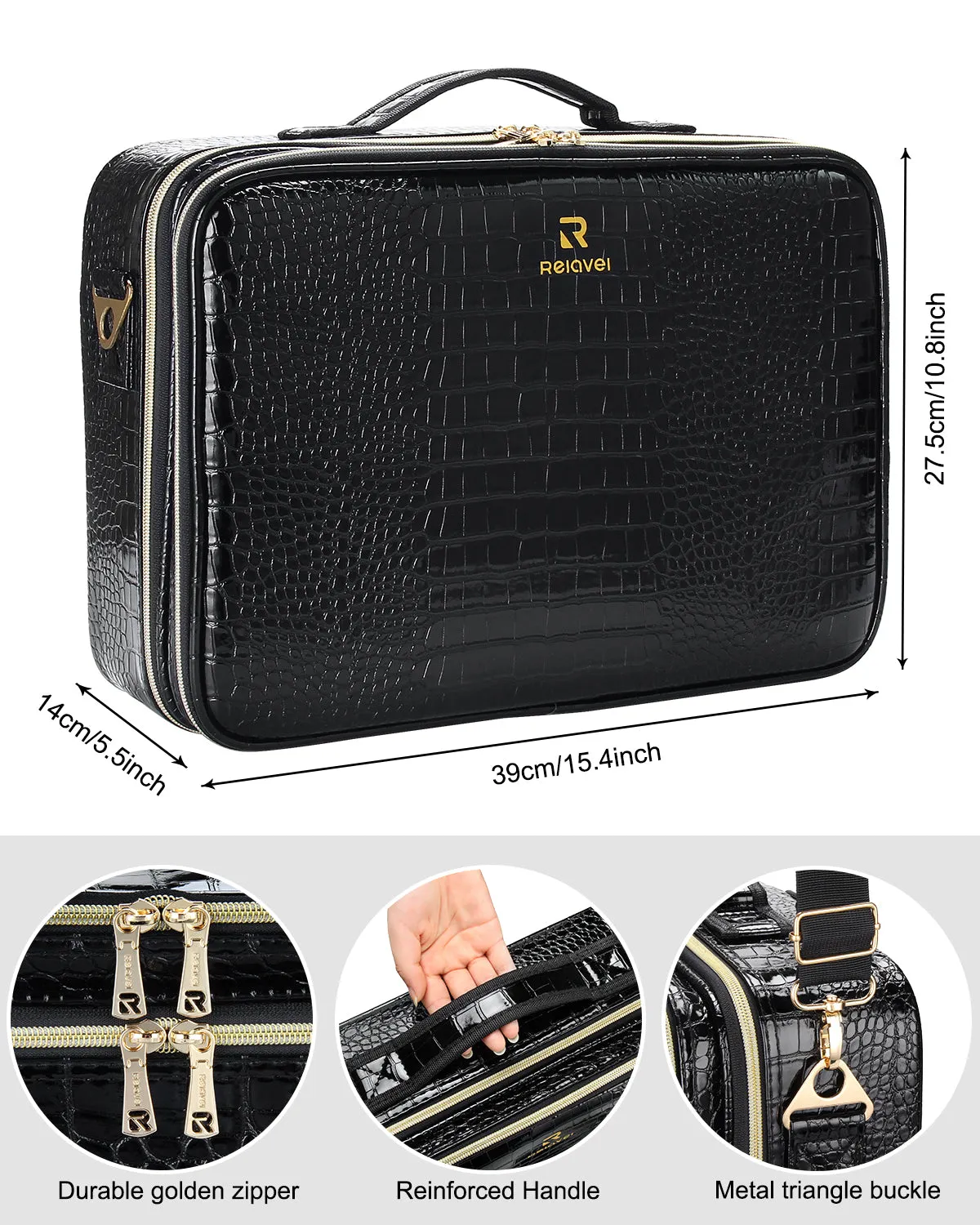 Black Large Crocodile Skin Texture Makeup Case