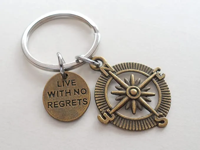 Bronze Compass Charm Keychain with "Live With No Regrets" Disc Charm