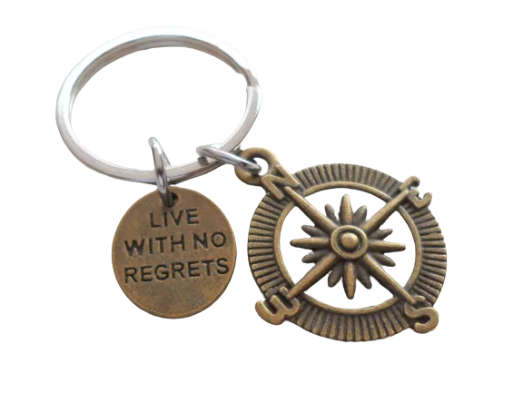 Bronze Compass Charm Keychain with "Live With No Regrets" Disc Charm