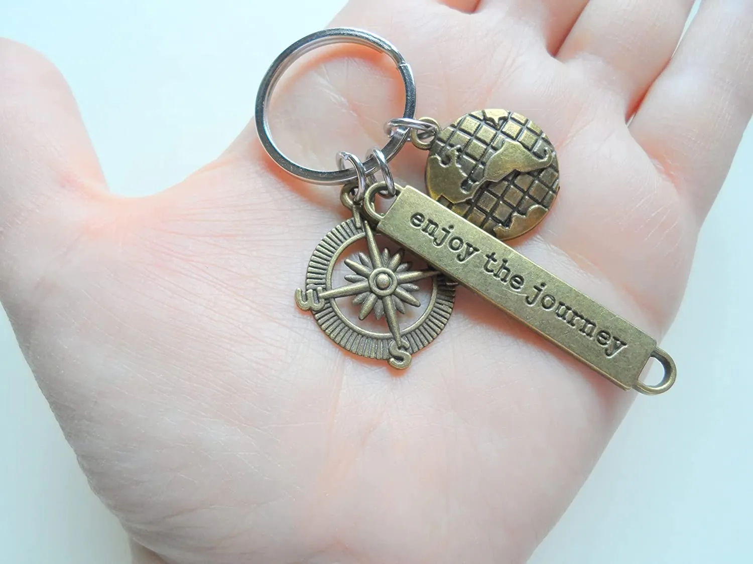 Bronze Enjoy the Journey Compass & Globe Charm Keychain - Graduation Keychain, Encouragement Keychain