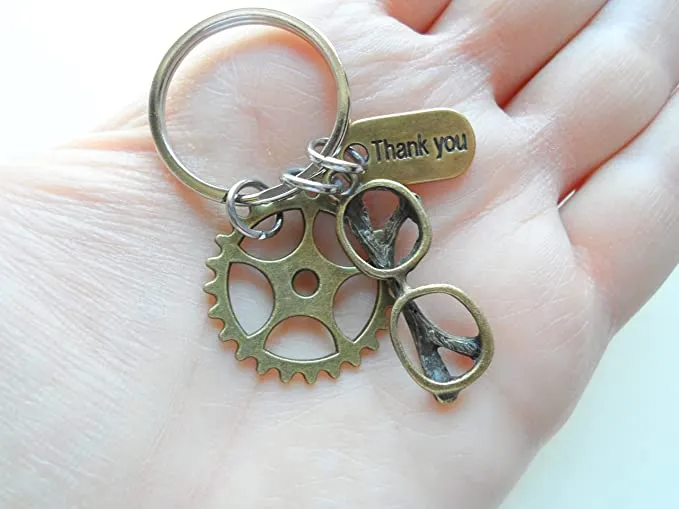 Bronze Eye Glasses Charm, Gear Charm & Thank You Charm Keychain, Optician or Eye Center Staff