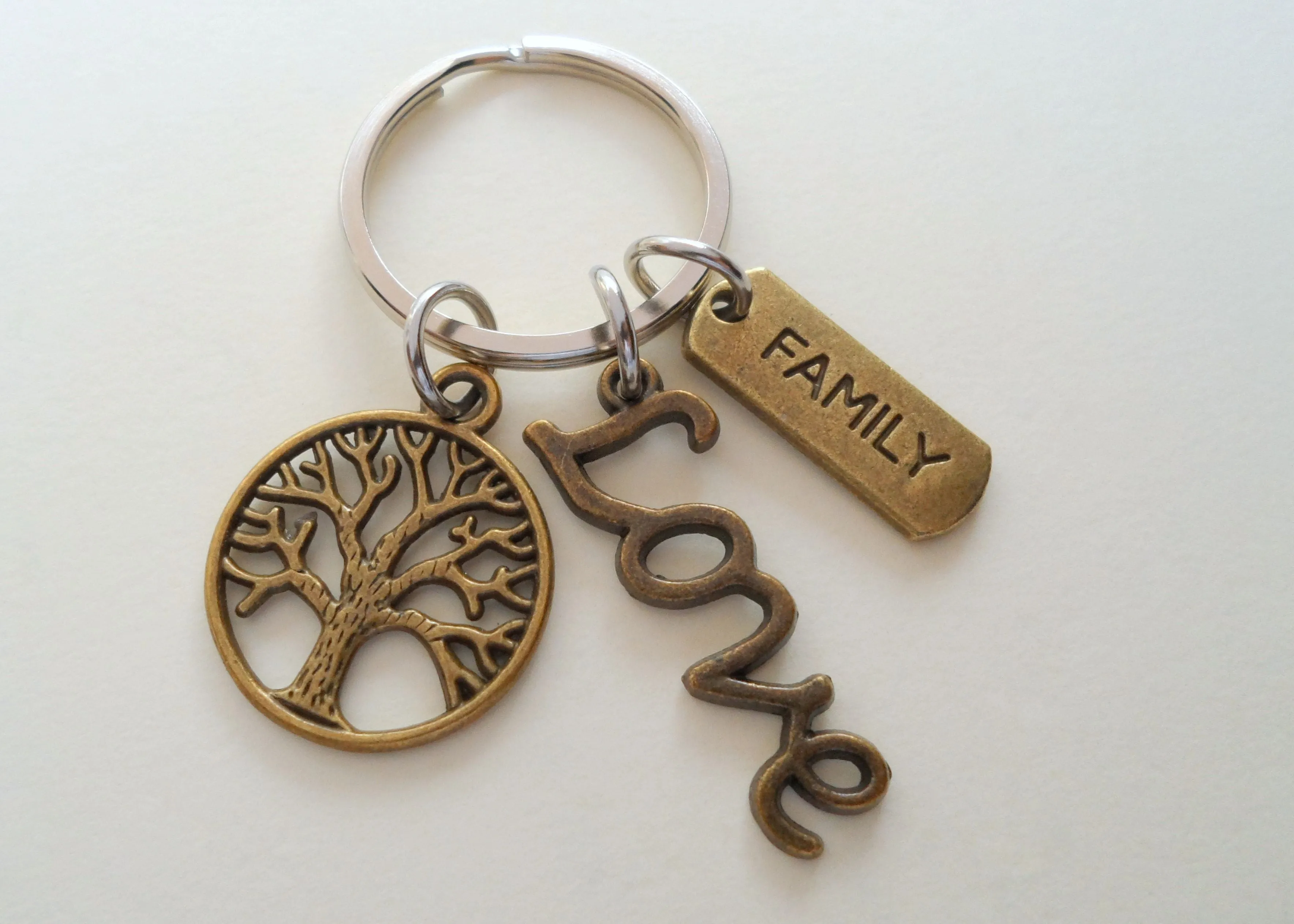 Bronze Family Tree Charm Keychain with Love Charm, Family Reunion Gift