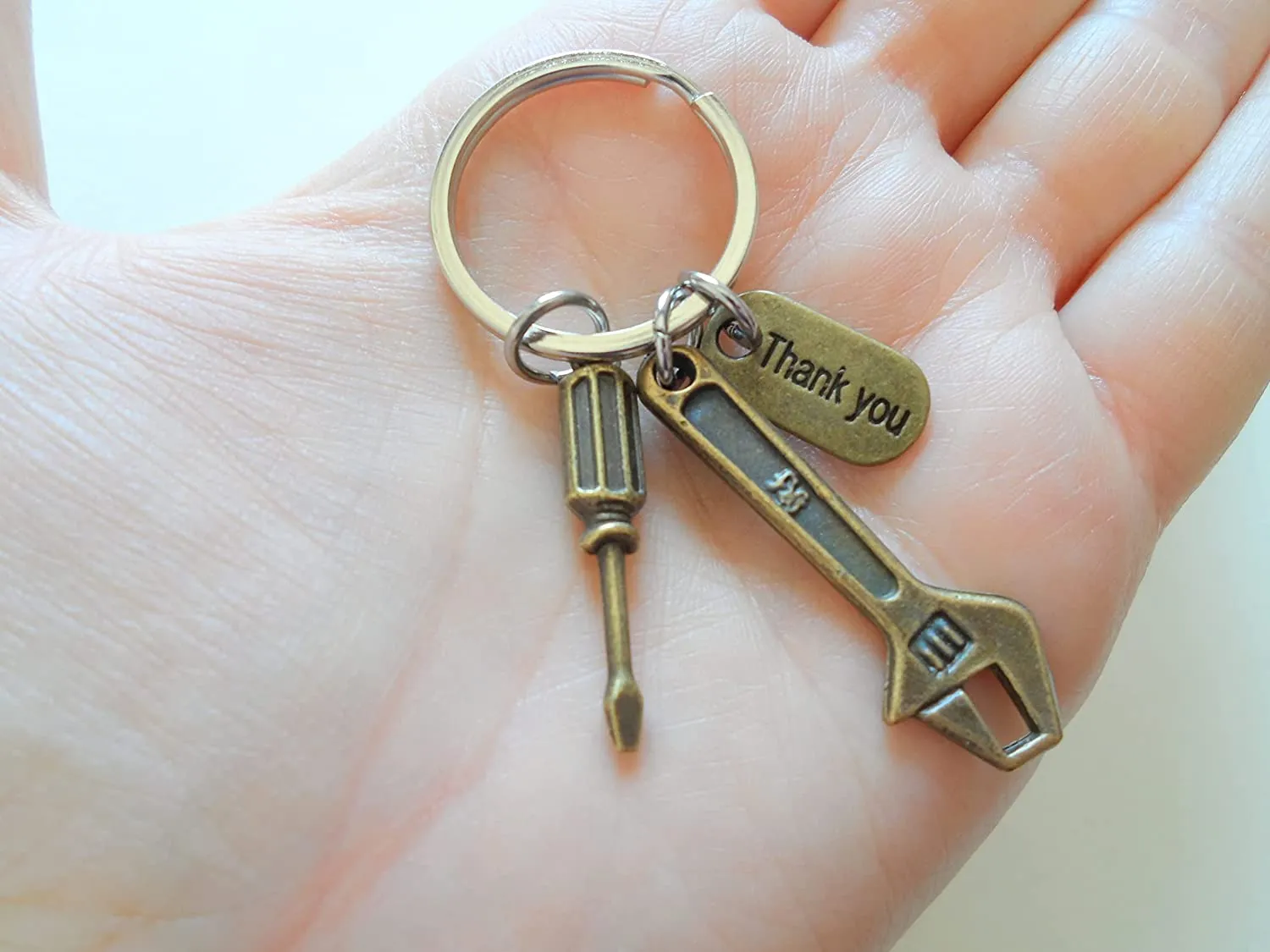 Bronze Wrench Charm Keychain with Screwdriver Charm and Thank You Charm, Mechanic or Plumber Keychain
