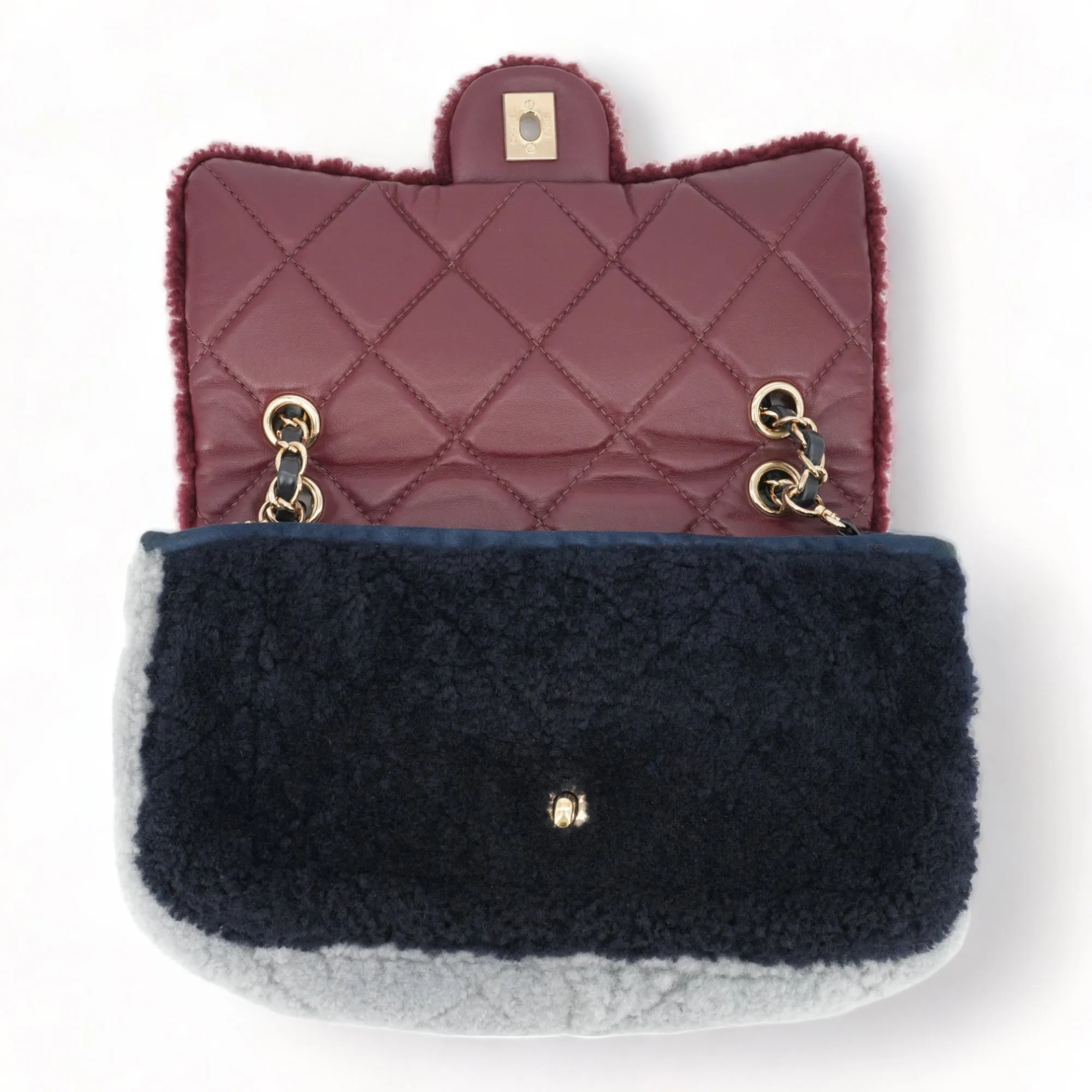 Burgundy Blue Shearling Medium Single Flap Bag