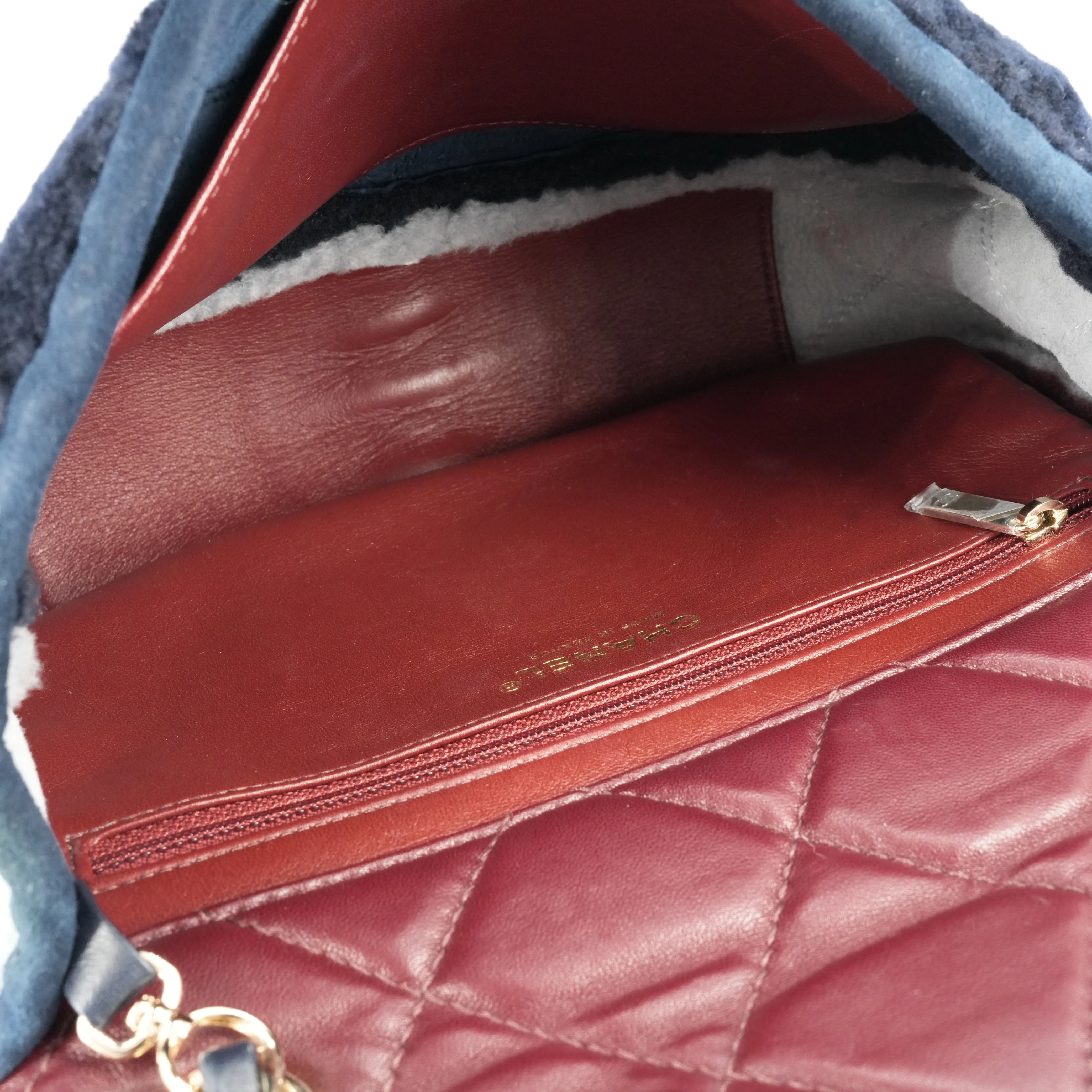 Burgundy Blue Shearling Medium Single Flap Bag
