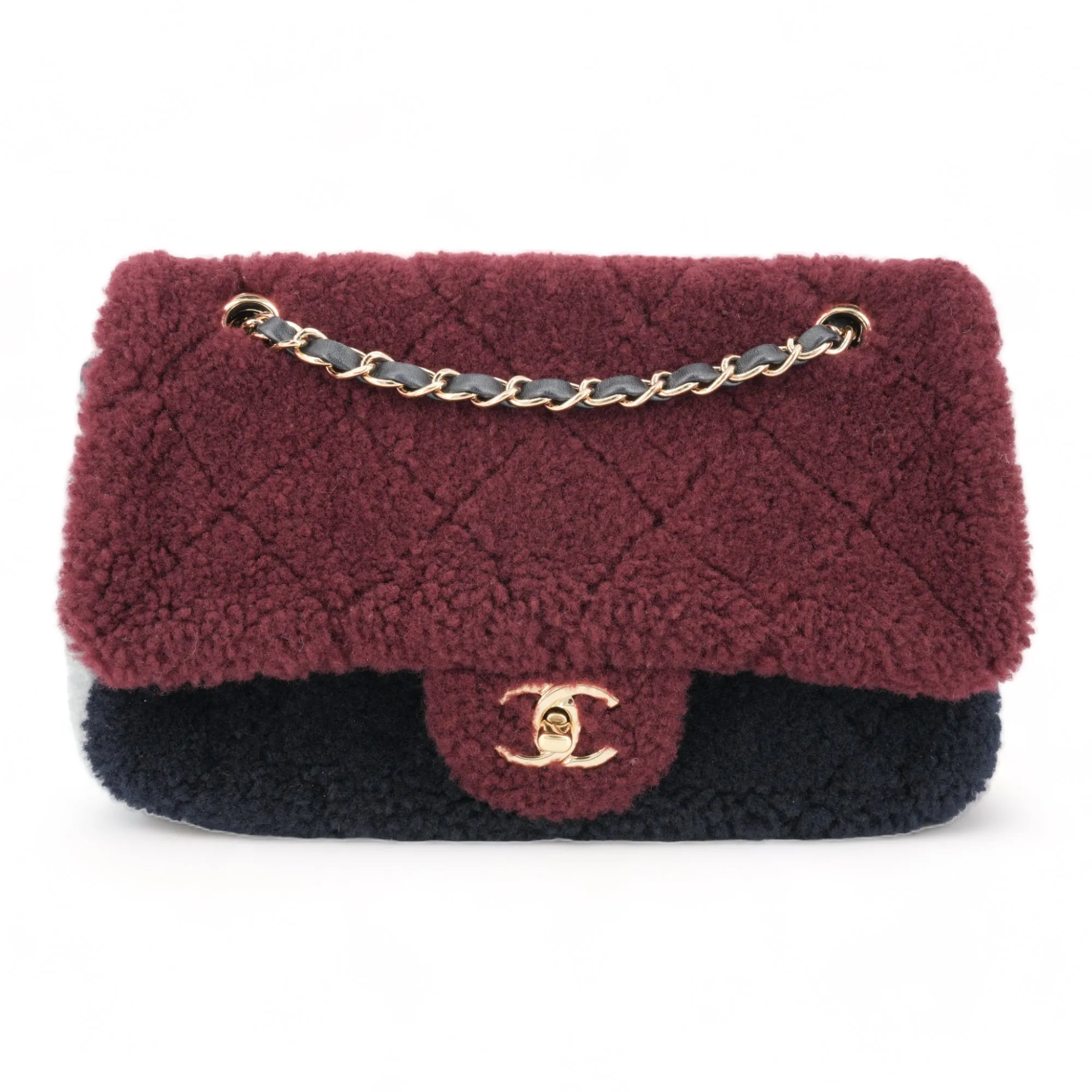 Burgundy Blue Shearling Medium Single Flap Bag