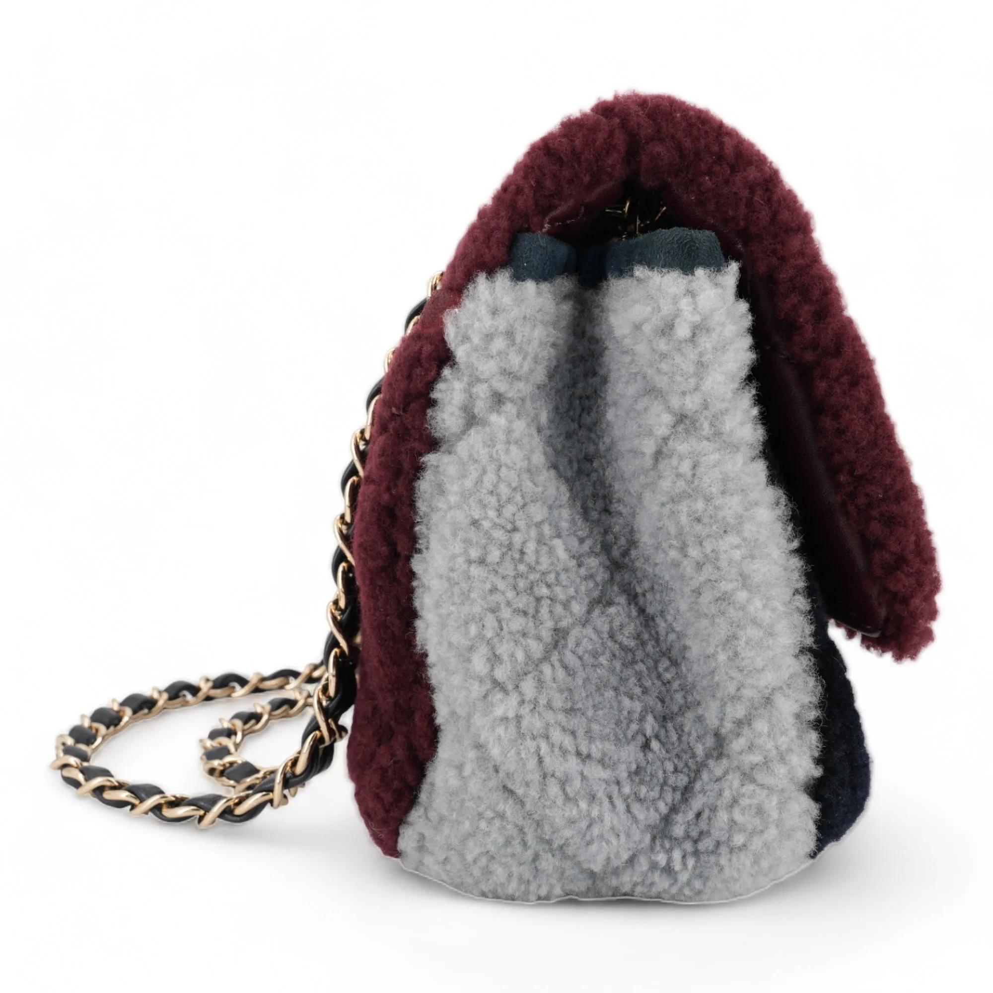 Burgundy Blue Shearling Medium Single Flap Bag
