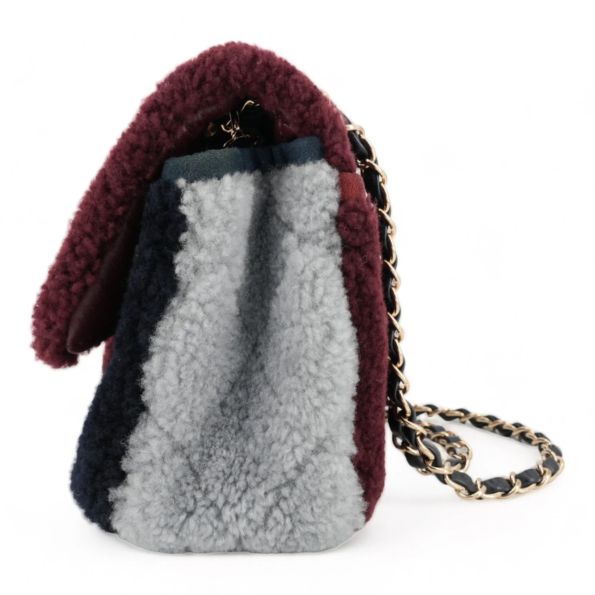 Burgundy Blue Shearling Medium Single Flap Bag