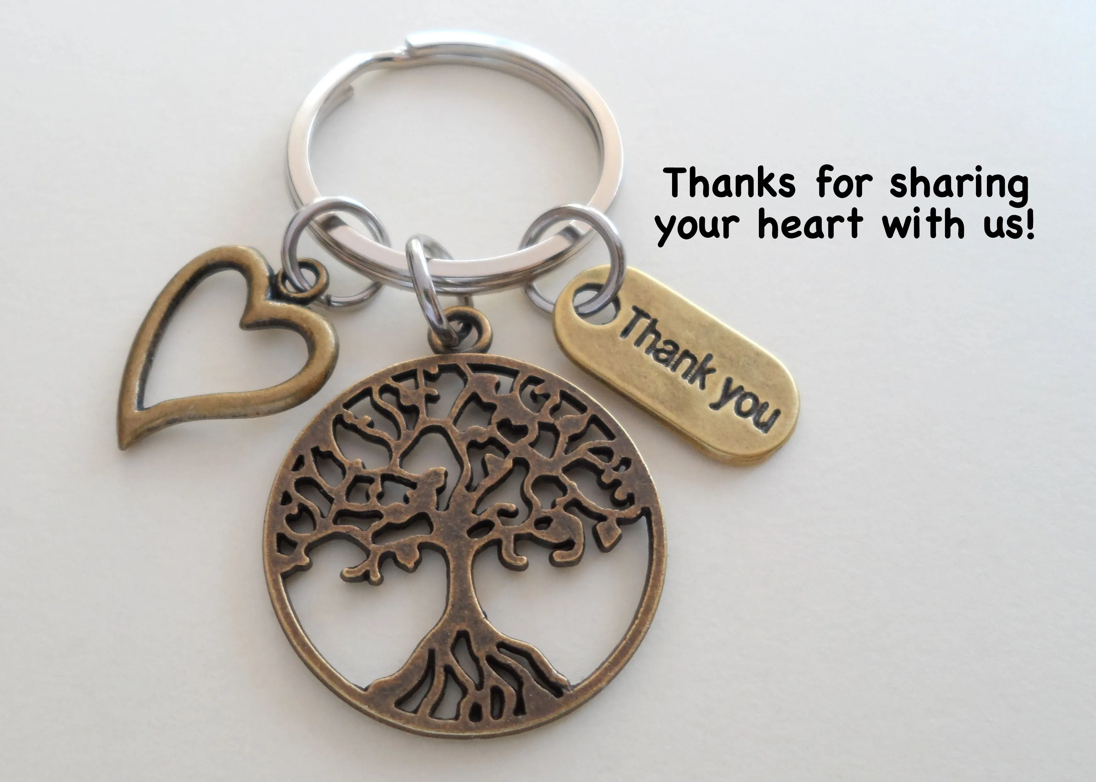 Caregiver, Home Aid Caretaker, Volunteer, or Teacher Keychain Gift, Bronze Tree, Heart, & Thank You Charm