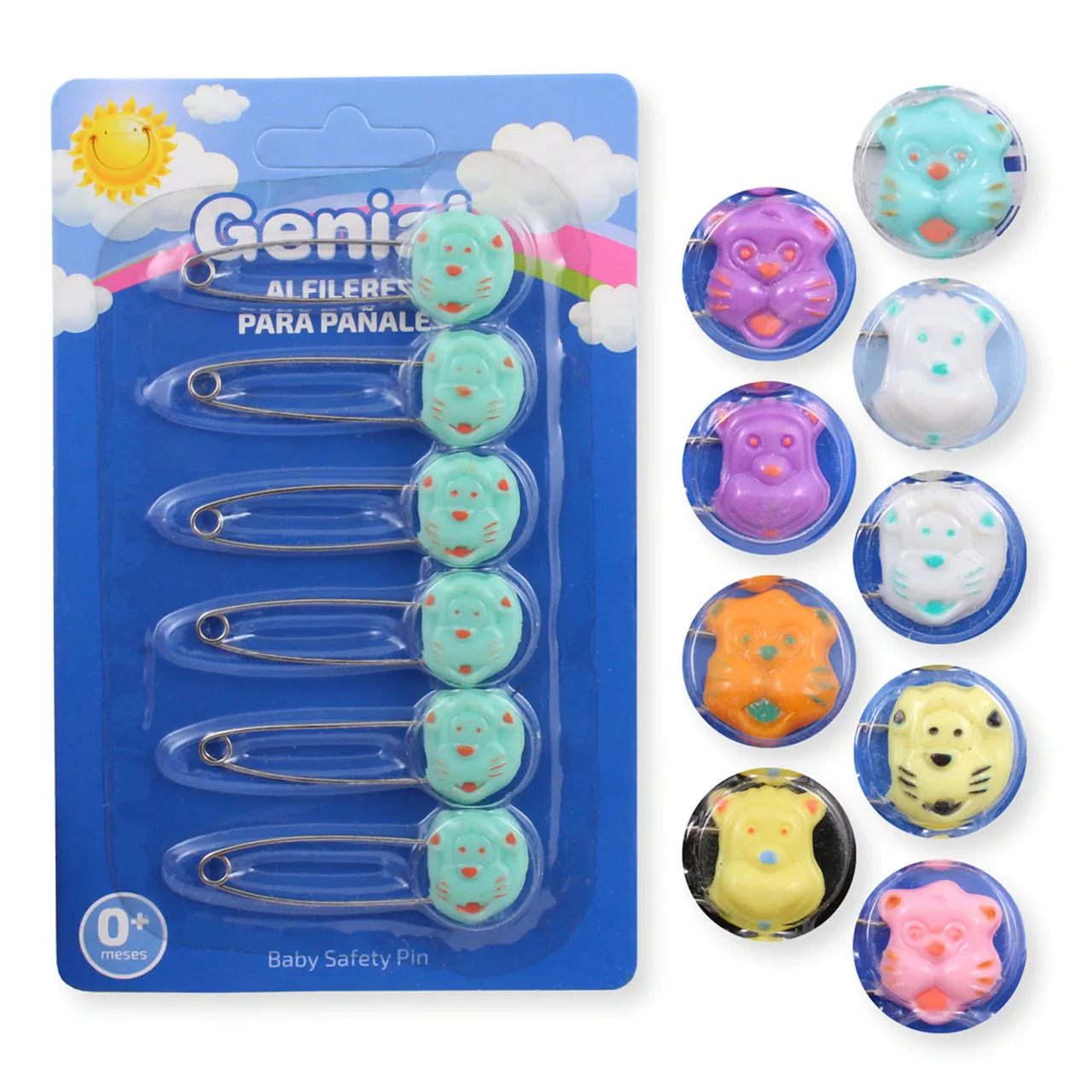Cats & Bears & Fruits Diaper Pins - 6 Pack