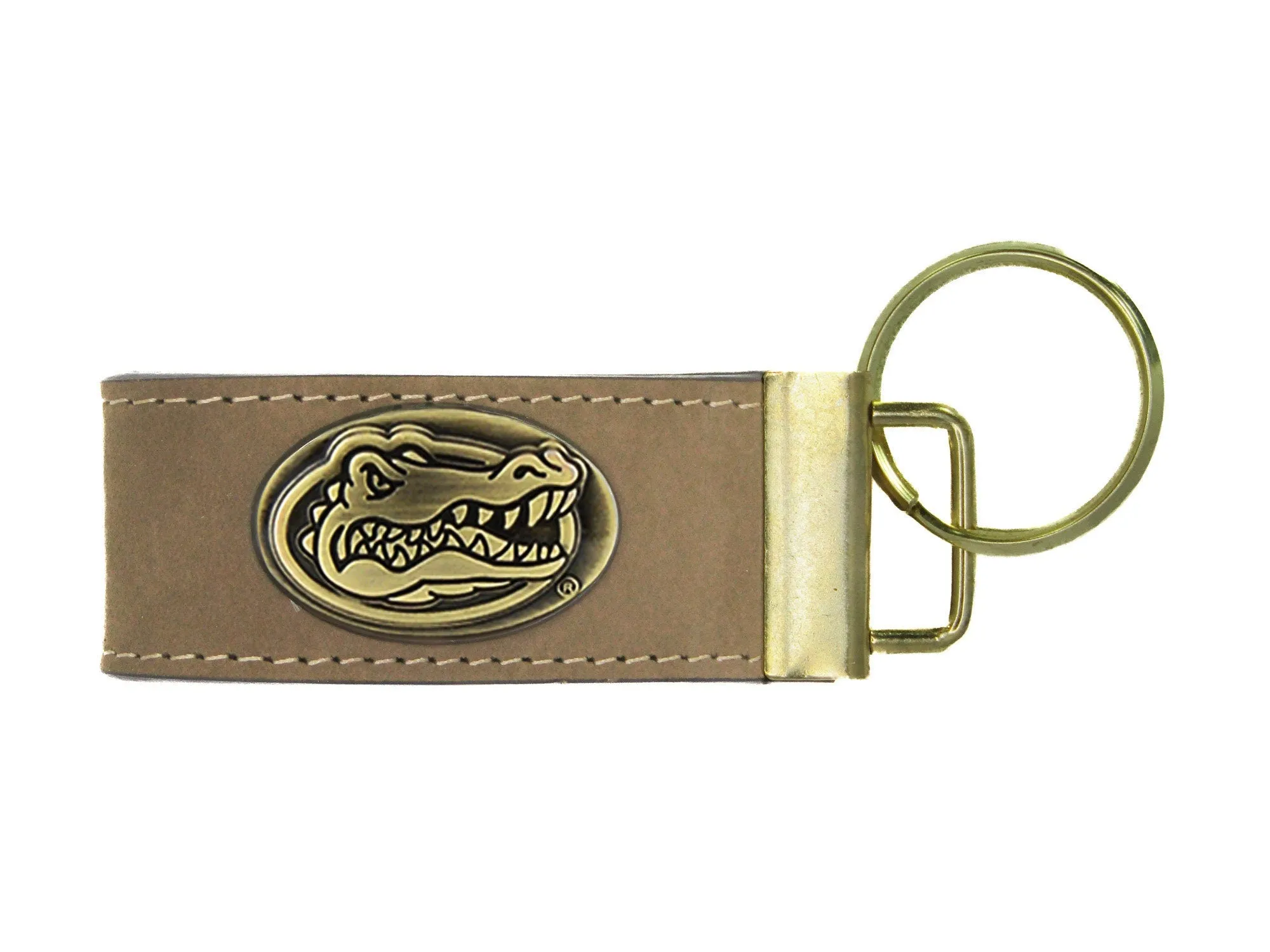 Collegiate Leather Key Fob. Crazyhorse Full Grain Leather With Antique Brass Logo. Florida Gators, Georgia Dawgs, Clemson, FSU Noles, USC.