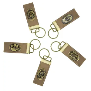 Collegiate Leather Key Fob. Crazyhorse Full Grain Leather With Antique Brass Logo. Florida Gators, Georgia Dawgs, Clemson, FSU Noles, USC.