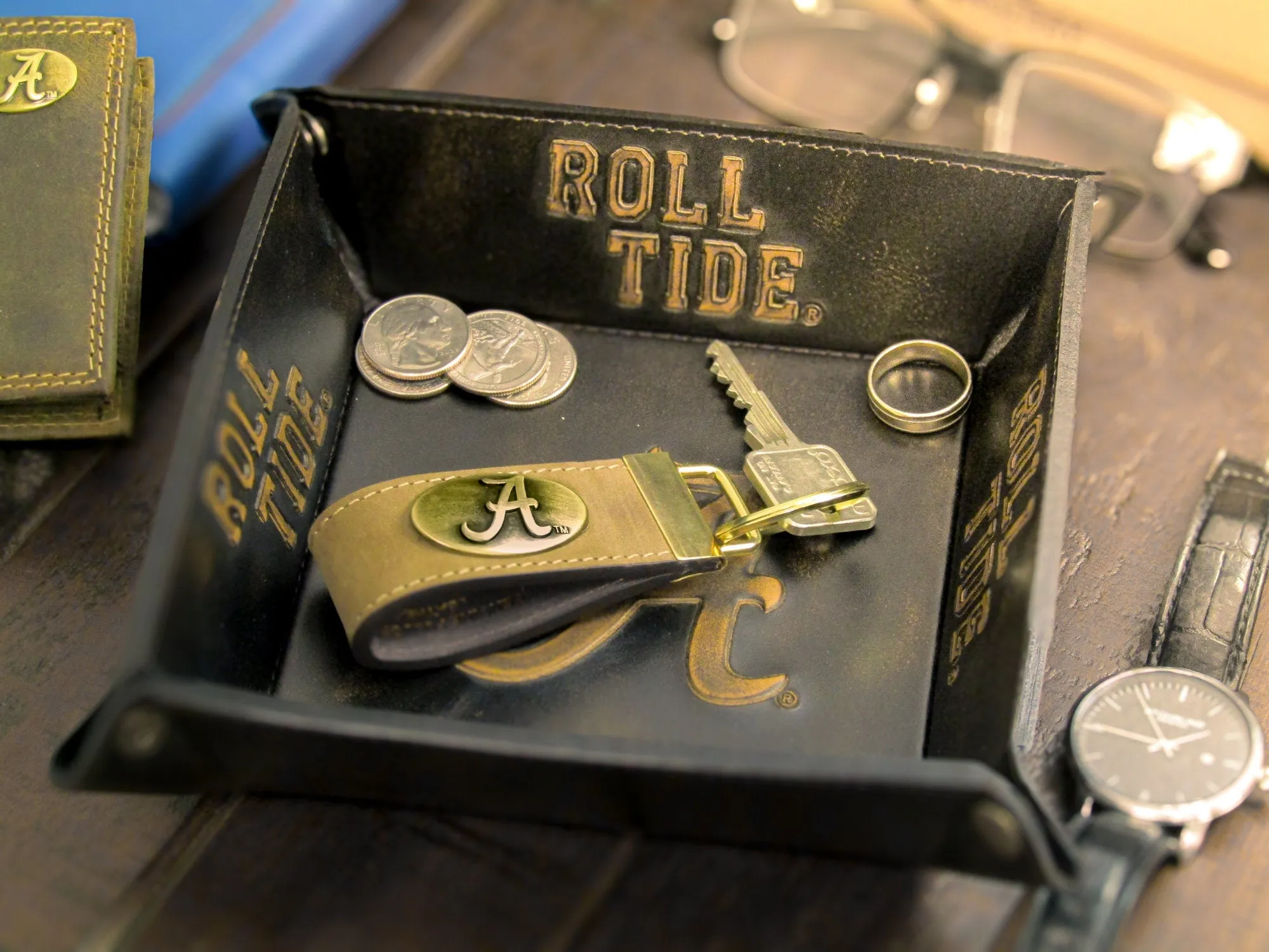 Collegiate Leather Key Fob. Crazyhorse Full Grain Leather With Antique Brass Logo. Florida Gators, Georgia Dawgs, Clemson, FSU Noles, USC.