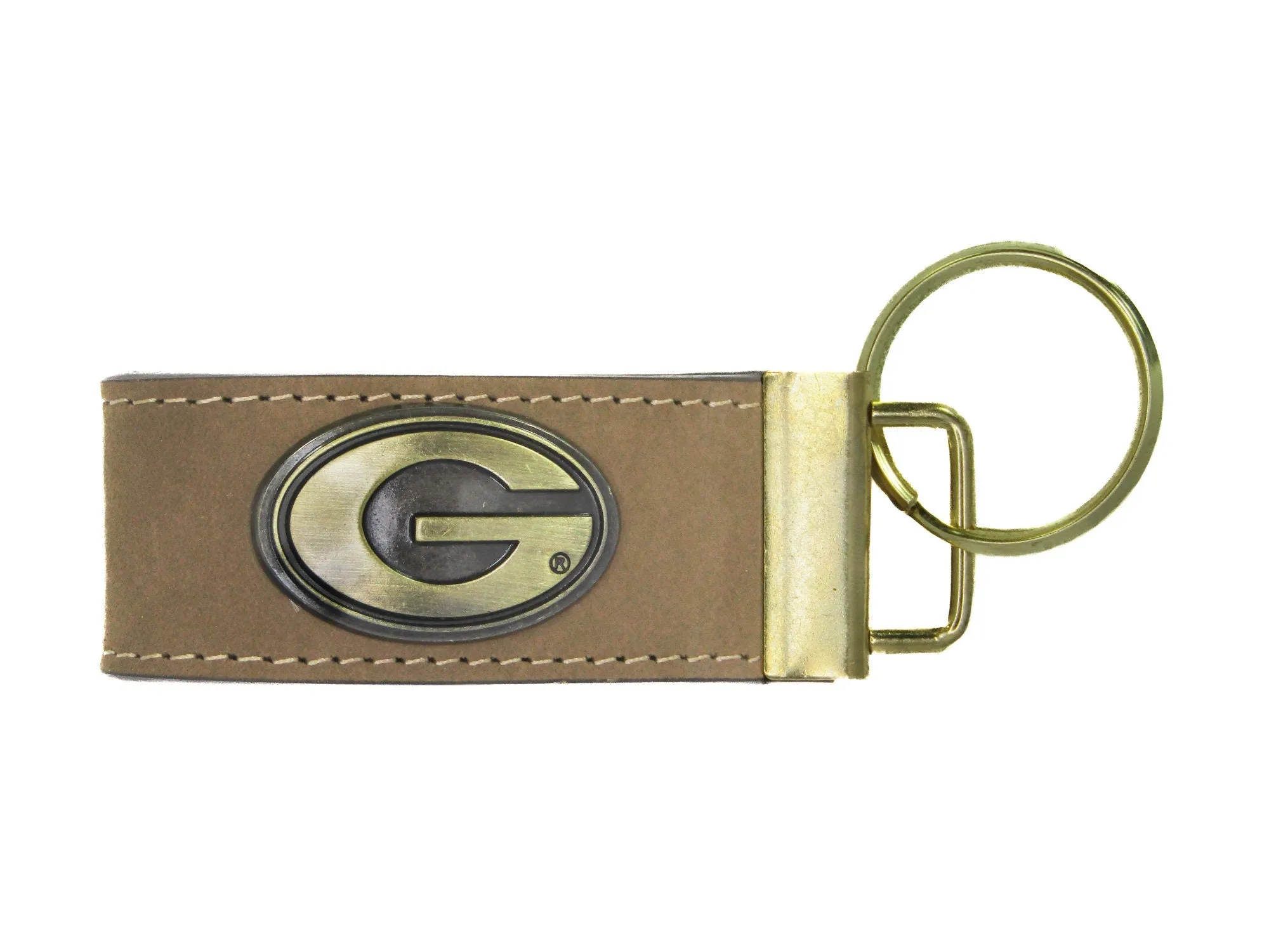Collegiate Leather Key Fob. Crazyhorse Full Grain Leather With Antique Brass Logo. Florida Gators, Georgia Dawgs, Clemson, FSU Noles, USC.
