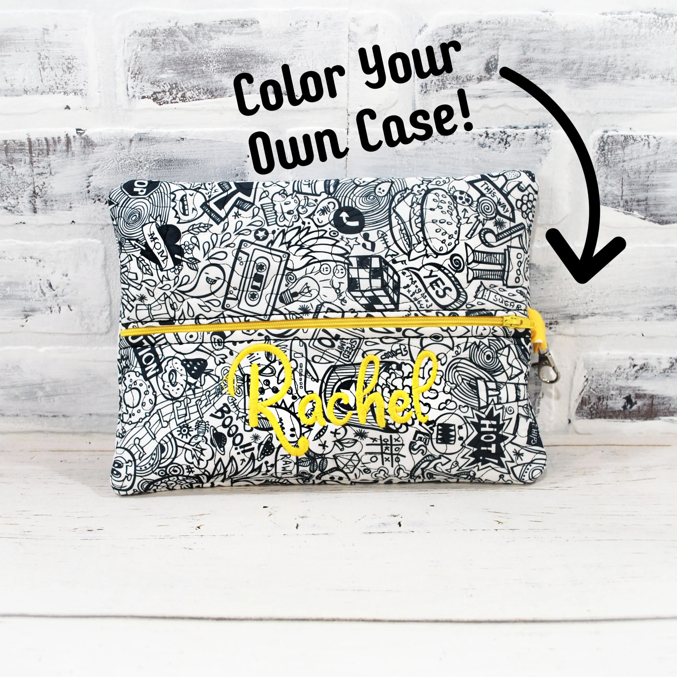 Color Me School Page Doodles Personalized Quilted Pouch
