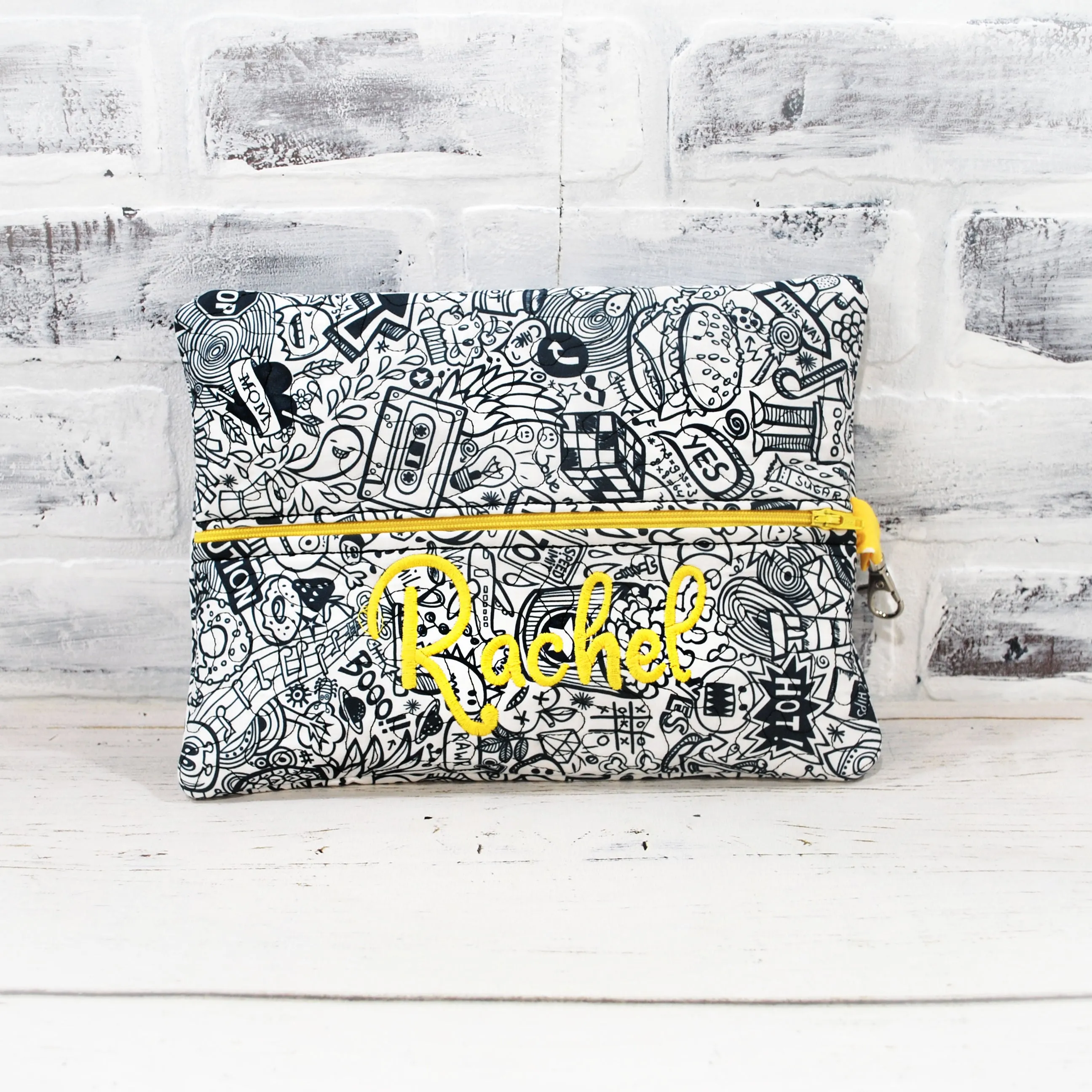 Color Me School Page Doodles Personalized Quilted Pouch