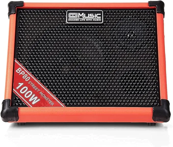Coolmusic BP80 Battery Powered Acoustic Guitar Amplifier- Portable Bluetooth Speaker 100W, 6 Inputs,3 Band EQ,Orange
