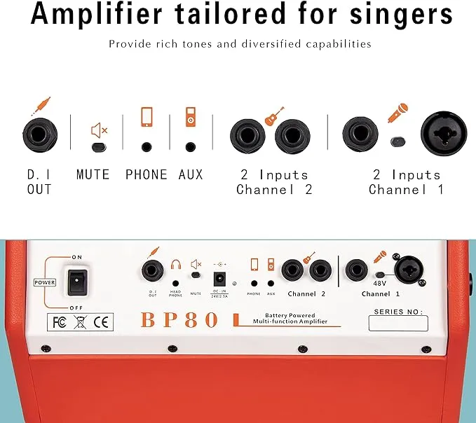 Coolmusic BP80 Battery Powered Acoustic Guitar Amplifier- Portable Bluetooth Speaker 100W, 6 Inputs,3 Band EQ,Orange