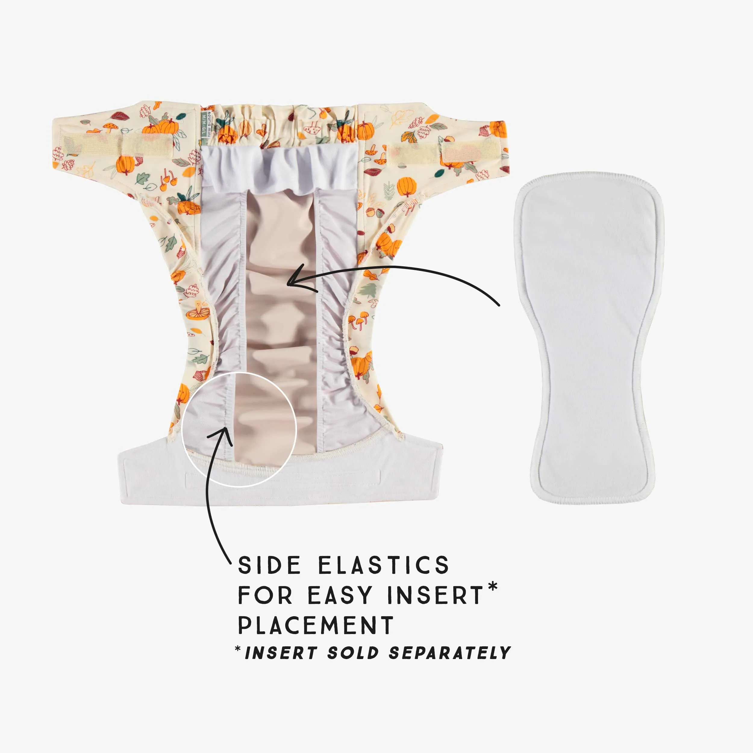 Couche réutilisable ultramince SM  crème à motif automnal, bébé || SM  ultra-thin cream reusable diaper with autumnal all over print, baby