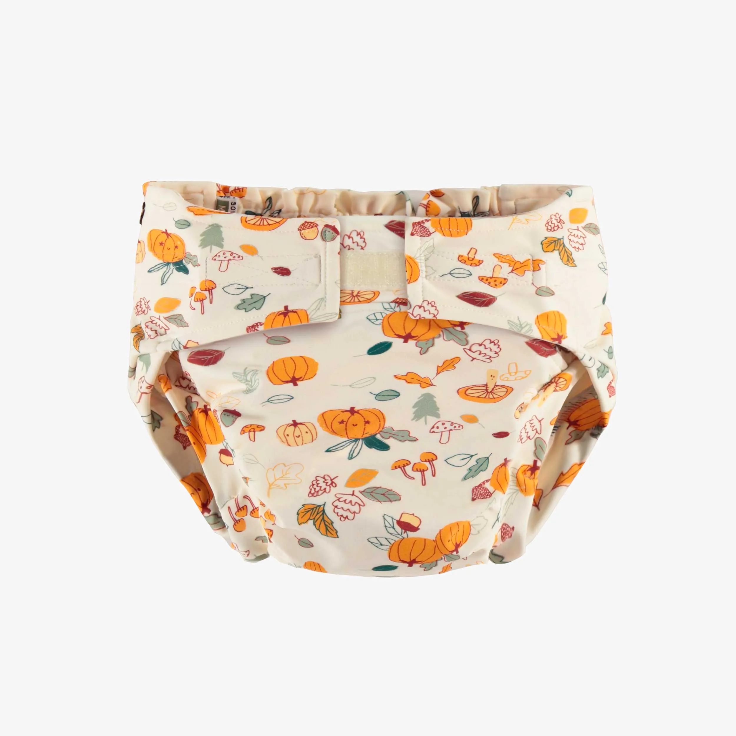 Couche réutilisable ultramince SM  crème à motif automnal, bébé || SM  ultra-thin cream reusable diaper with autumnal all over print, baby
