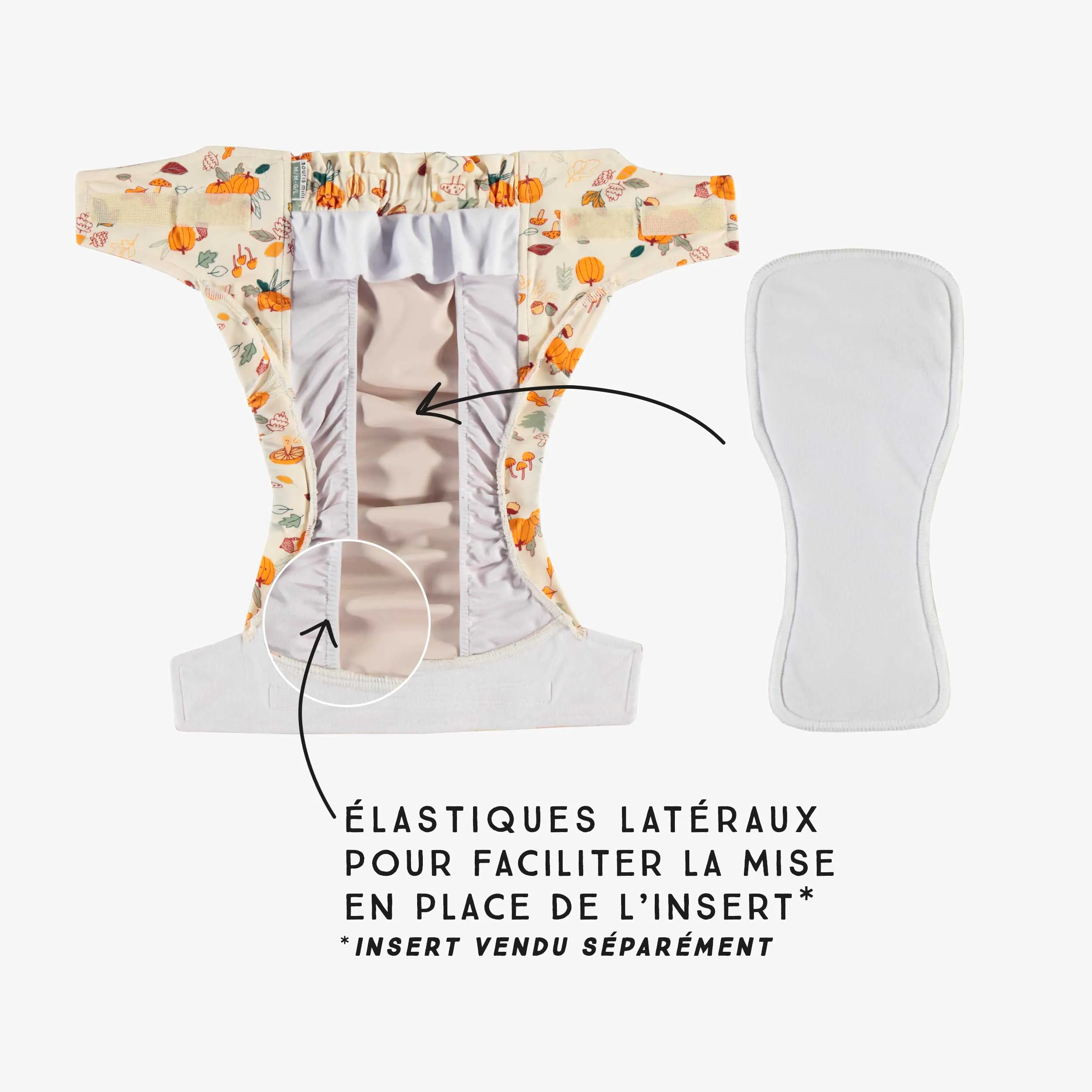 Couche réutilisable ultramince SM  crème à motif automnal, bébé || SM  ultra-thin cream reusable diaper with autumnal all over print, baby