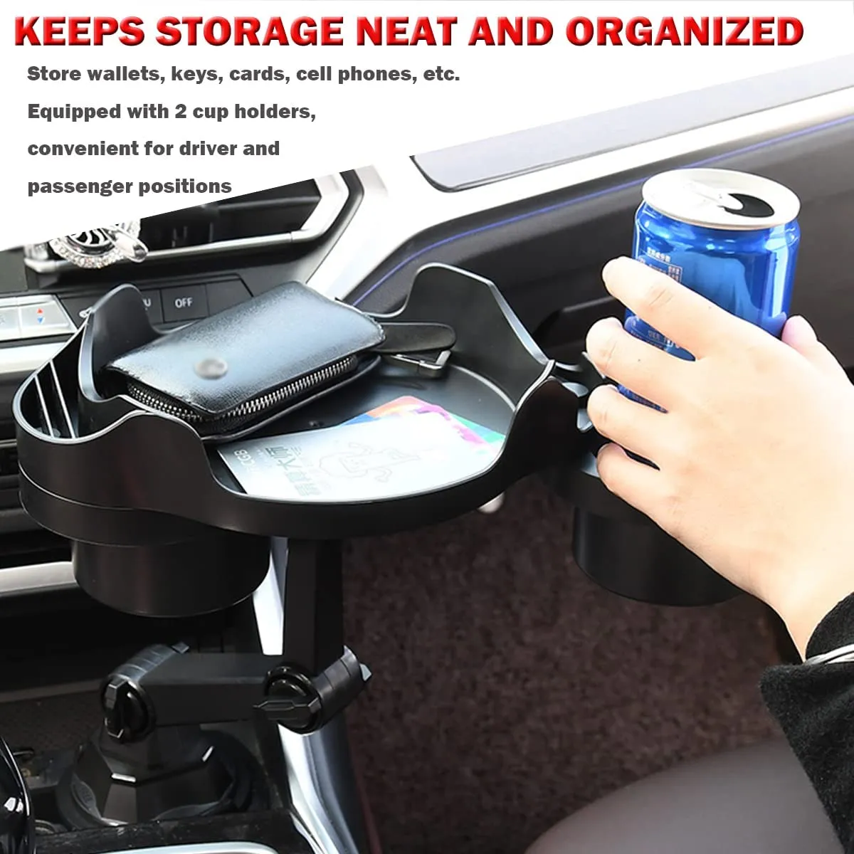Cup Holder Expander for Car, 360 Degrees Rotate Adjustable 6.3 inches Surface Car Tray Table and Drink Holders with 3 Coaster, Car Cup Holder Tray Apply to All Auto Models