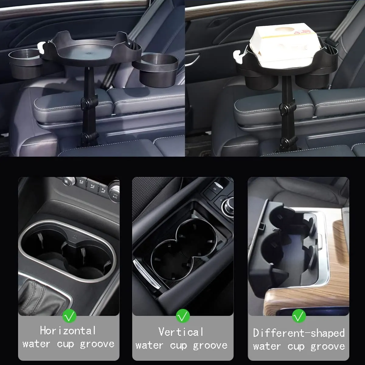 Cup Holder Expander for Car, 360 Degrees Rotate Adjustable 6.3 inches Surface Car Tray Table and Drink Holders with 3 Coaster, Car Cup Holder Tray Apply to All Auto Models