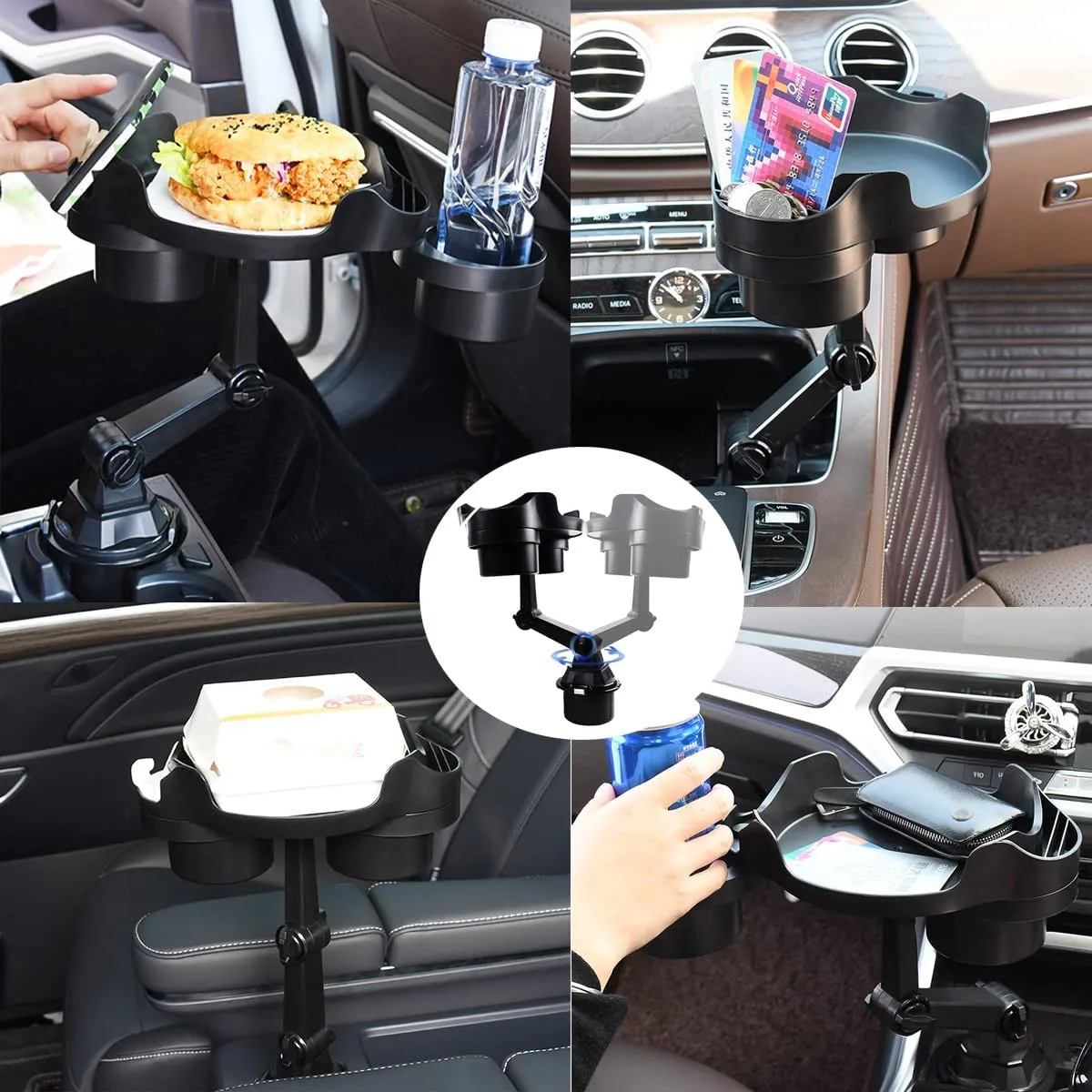 Cup Holder Expander for Car, 360 Degrees Rotate Adjustable 6.3 inches Surface Car Tray Table and Drink Holders with 3 Coaster, Car Cup Holder Tray Apply to All Auto Models